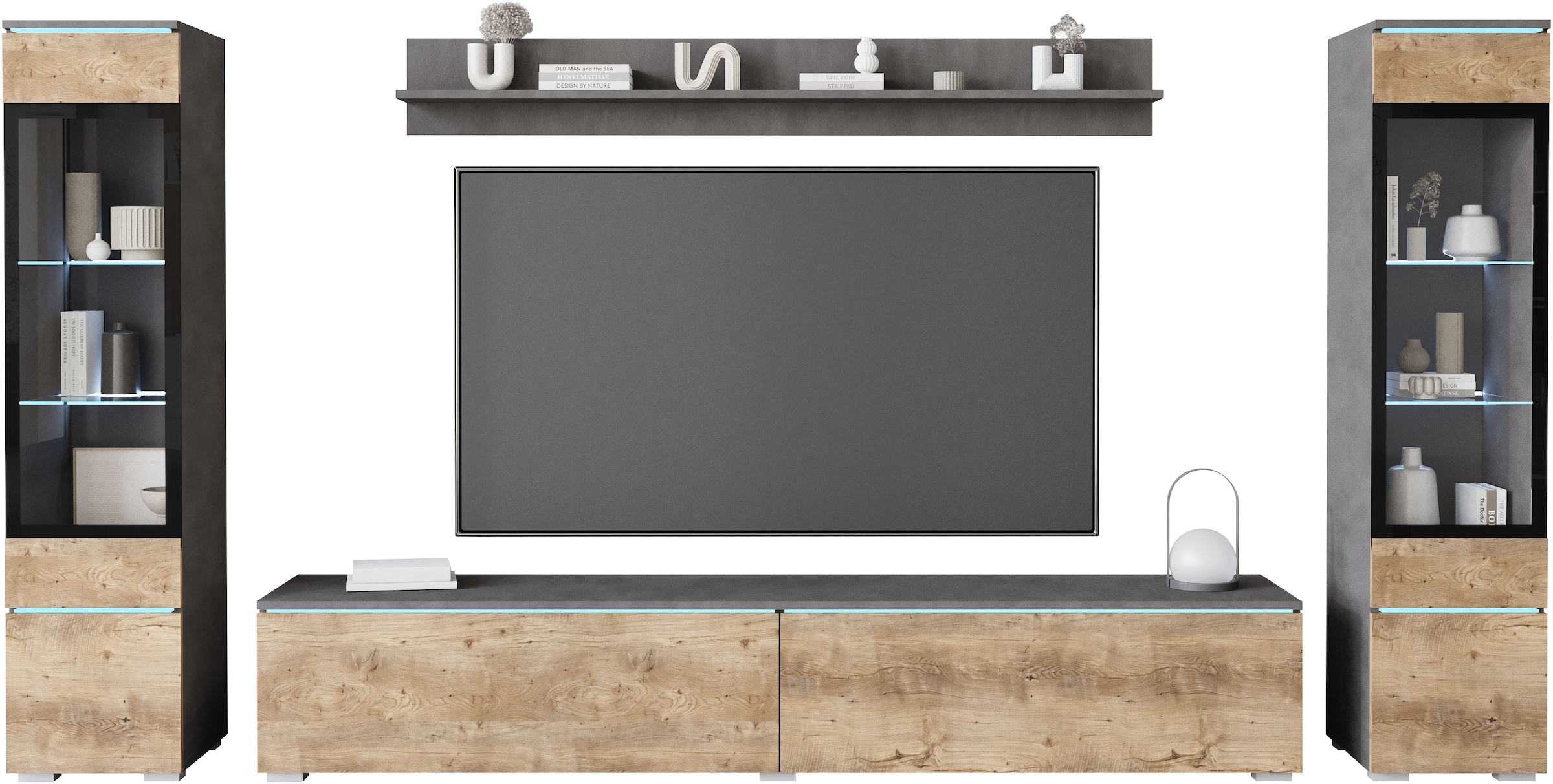 INOSIGN Wohnwand »VERA II, Vitrinen Türanschlag wechselbar«, (Komplett-Set, 4 St.), Mediawand 260 cm, Vitrine mit Verglasung, stehend und hängend