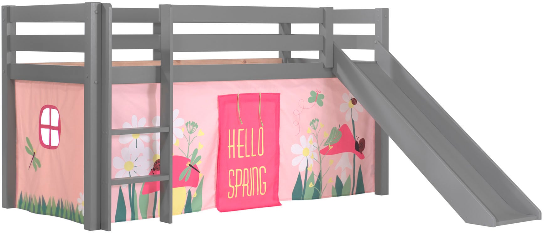 Vipack Hochbett »Pino, Spielbett massiv Kiefer, stabil gebaut, 3 Korpusfarben zur Wahl«, (inkl. Rolllattenrost, Leiter und Absturzschutz, mit oder ohne Rutsche), Textil-Set "Spring", inkl. Vorhang, mit oder ohne Tunnel