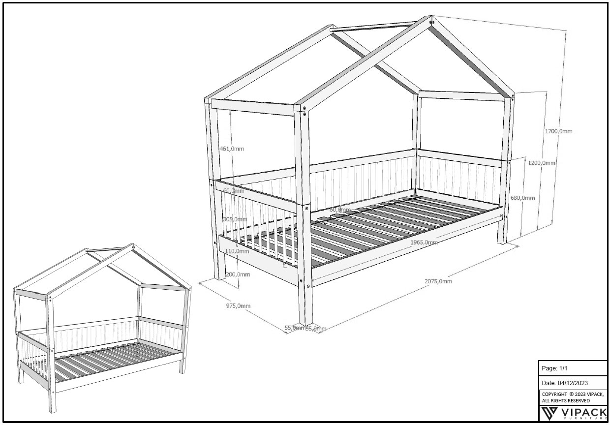 Vipack Hausbett, aus massiver Eiche geölt, LF90x200 cm, mit Textilhimmel