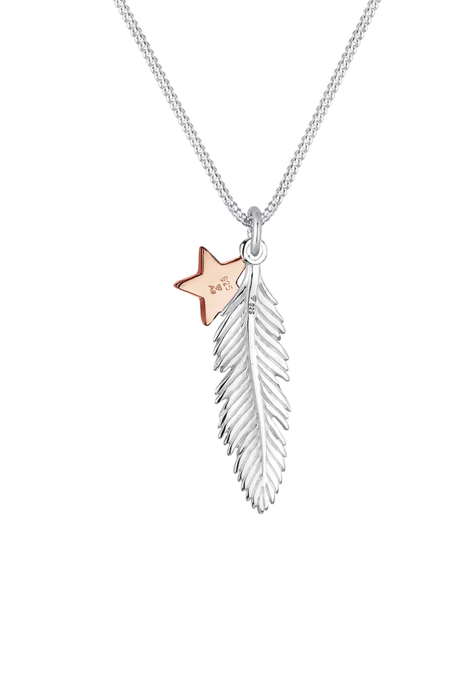 Elli Kette mit Anhänger »Halskette Feder Stern Bi-Color 925 Silber«