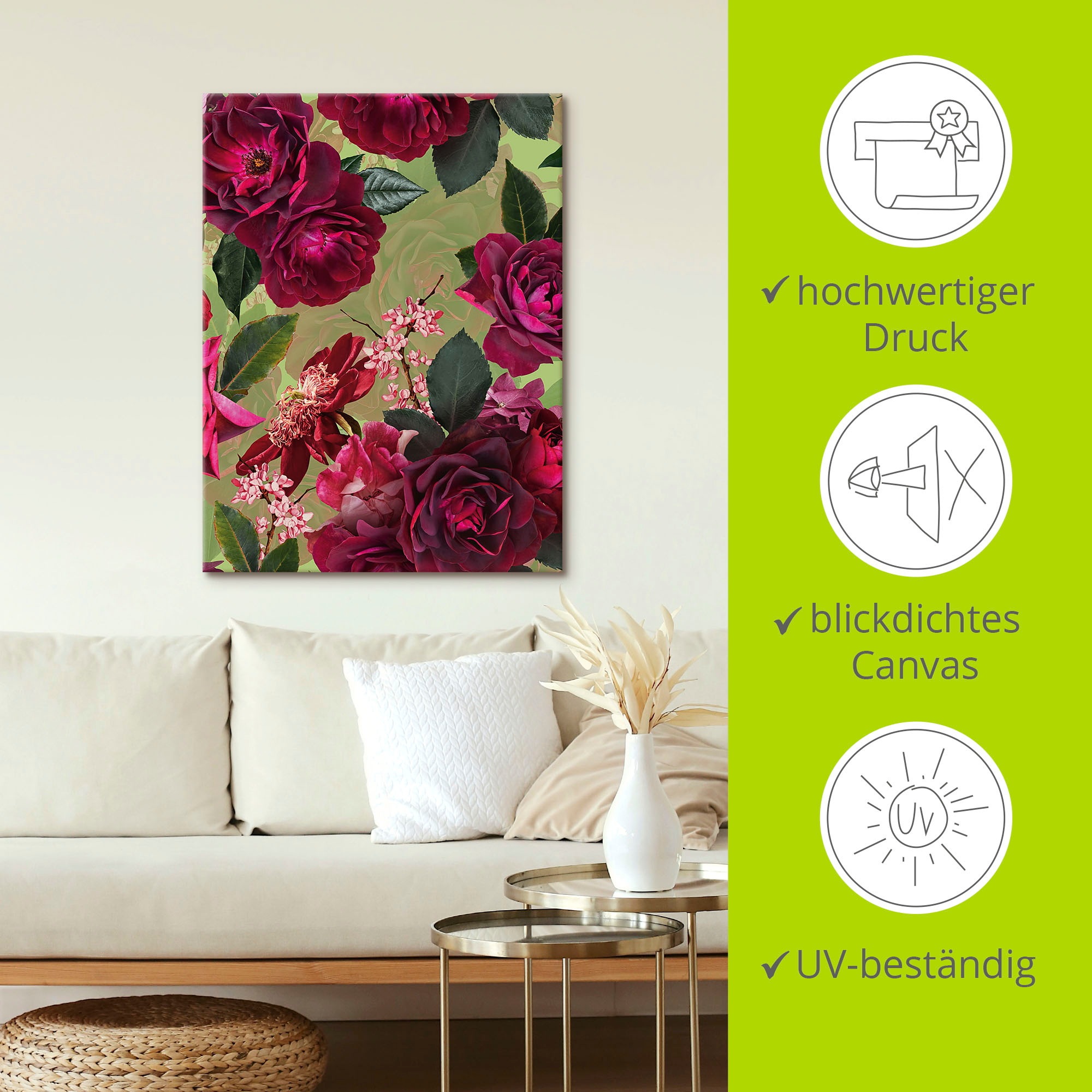 Artland Wandbild »Dunkle Rosen auf Grün«, Blumenbilder, (1 St.), als Alubild, Outdoorbild, Leinwandbild, Poster, Wandaufkleber