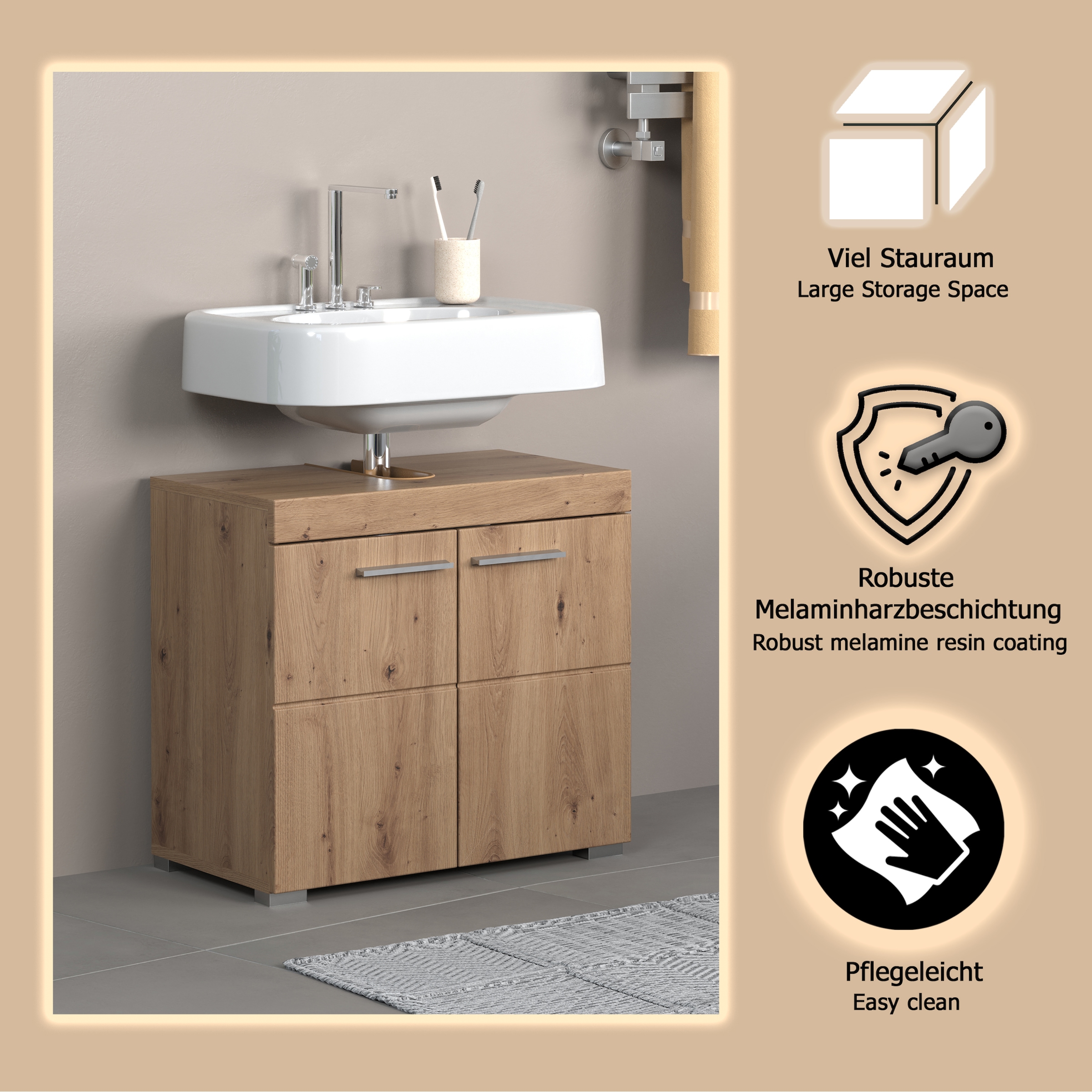 welltime Waschbeckenunterschrank »Avena«, Waschtisch 2türig- Aussparung 26/8 cm - (B/T/H) 60/34/56 cm