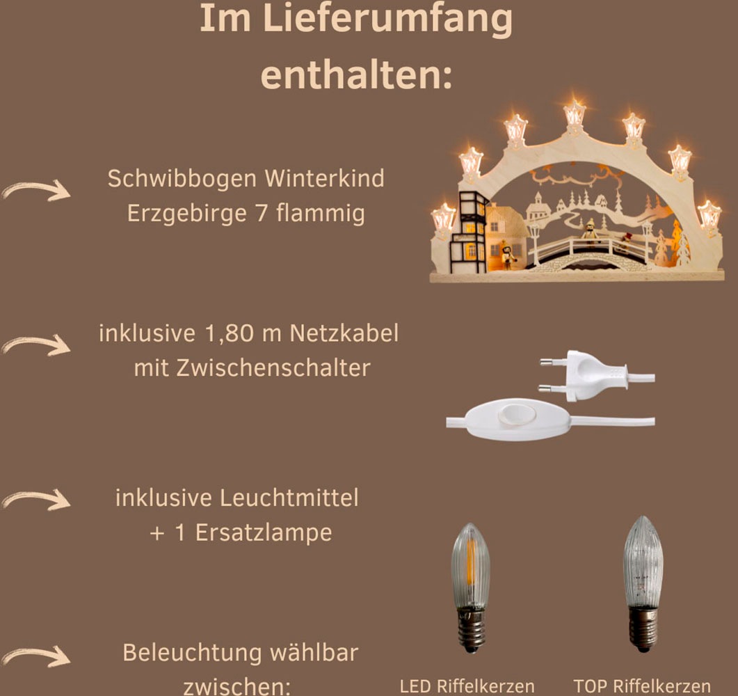 Weigla LED Schwibbogen »Winterkind Erzgebirge mit handgedrechselten Figuren, Lichterbogen«, Erzgebirge garantiert, Weihnachtsdeko Innen, Weihnachtsbeleuchtung