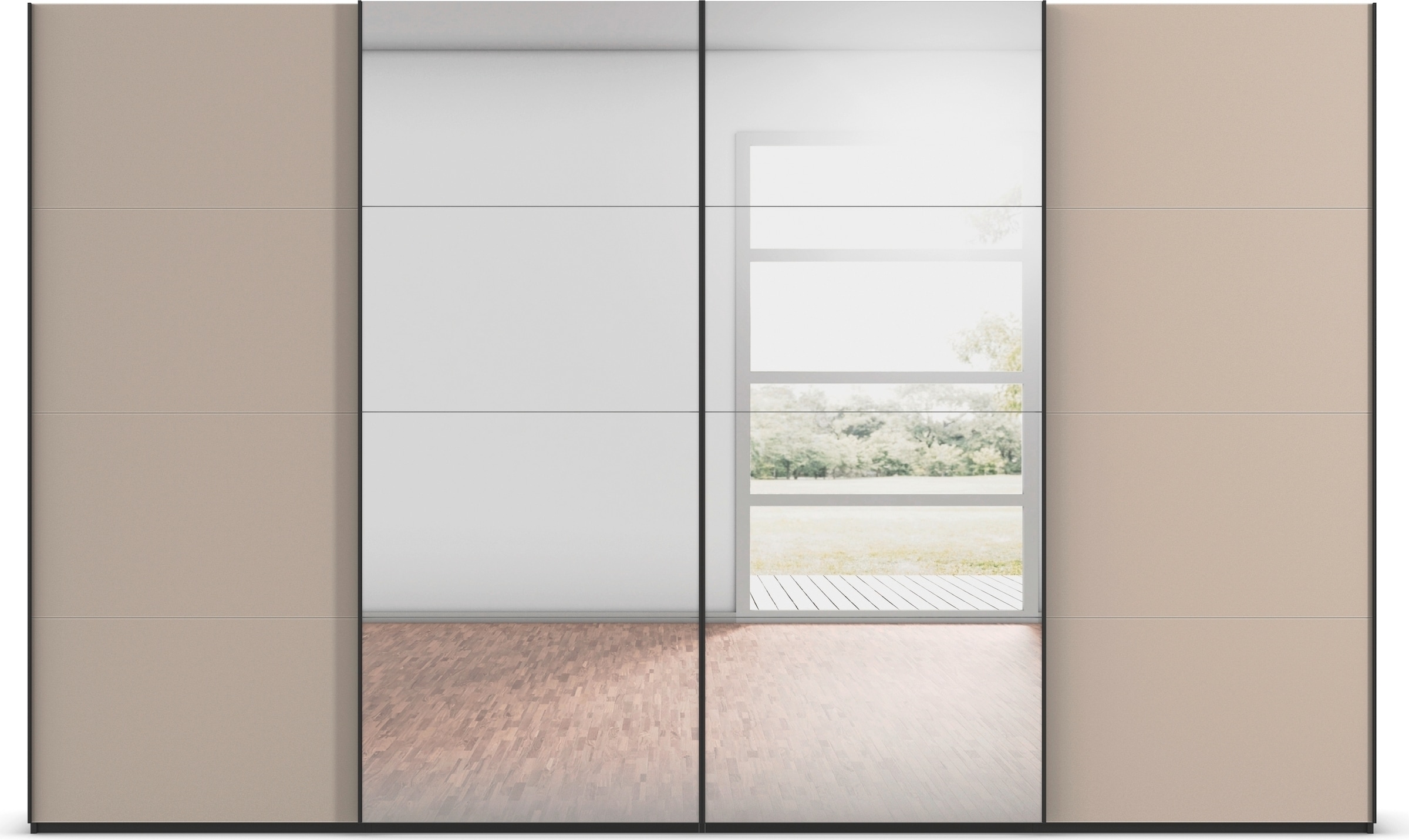 rauch Schwebetürenschrank »Kleiderschrank Schrank Garderobe Schlafzimmerschrank SCALE-FYRA«, edle viergeteilte Türen Spiegel/Glas-Mix viele Farben MADE IN GERMANY