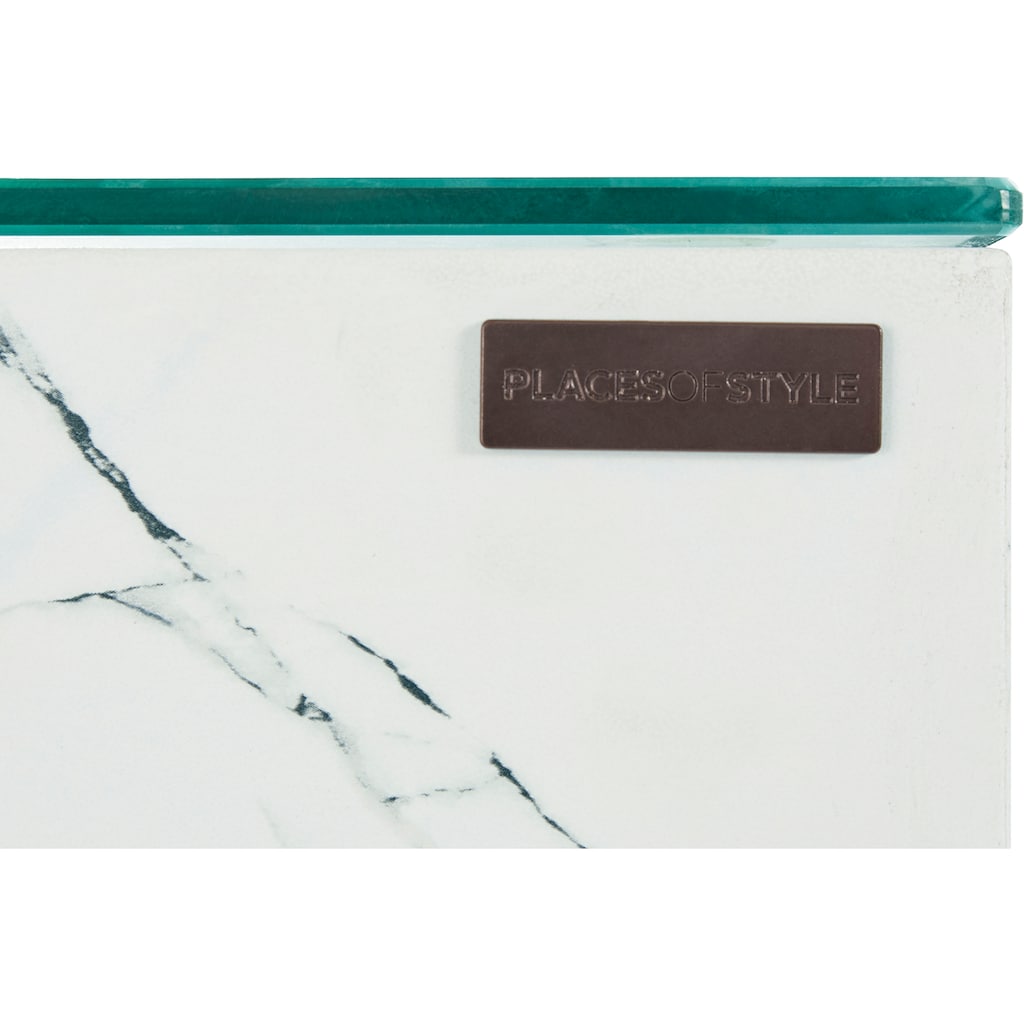Places of Style Esstisch »Chareston«, (1 St.), Tischplatte in einer pflegeleiten Marmor Optik, mit Topplatte aus Sicherheitsglas, Gestell aus Metall verchromt, in verschiedenen Größen erhältlich, Höhe 77 cm
