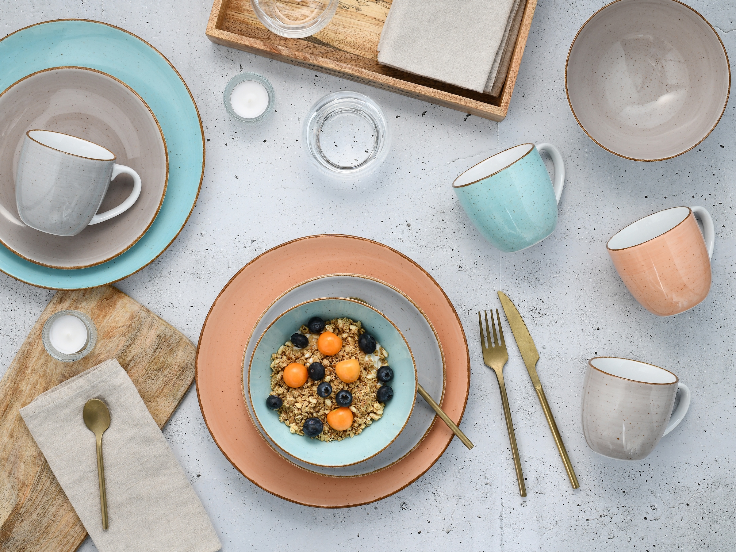 CreaTable Kombiservice »Geschirr-Set VINTAGE NATURE«, (Set, 16 tlg., Kaffeeservice und Tafelservice im Set, für 4 Personen), Service, handgemalt, gesprenkelt, 16 Teile, für 4 Personen