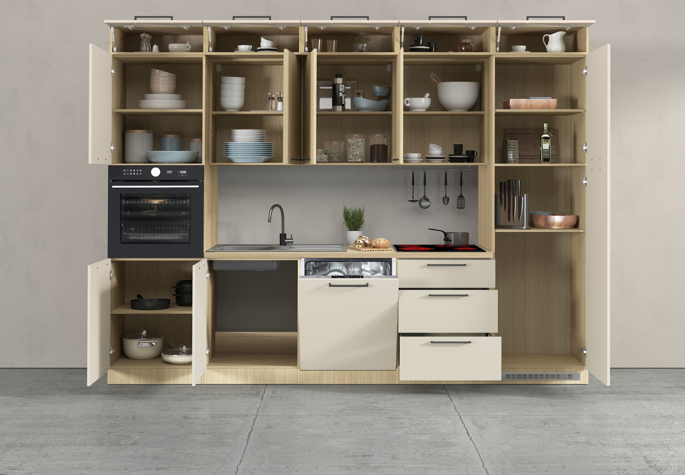 KOCHSTATION Küchenzeile »Luna, Einbauküche, Zeilenküche, mit Soft-Close Funktion, Made in Italy« Breite 300 cm ohne E-Geräte, mit Spüle+Siphon und Aufsatz