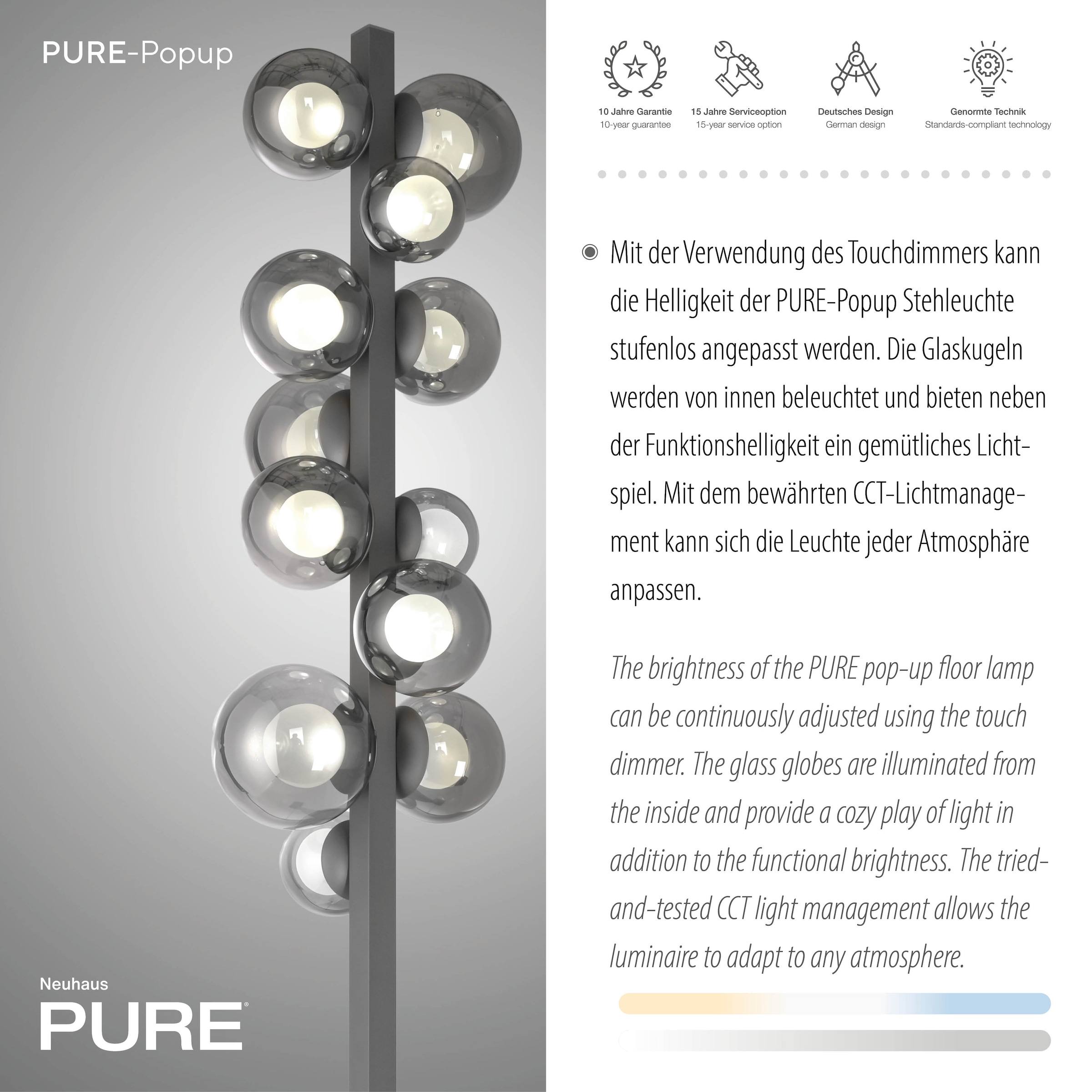 Neuhaus PURE LED Stehlampe »PURE Popup« LED-Board 1 Stk. warmweiß - kaltweiß Stufenloses dimmen, CCT, Tastdimmer,  Memoryfunktion