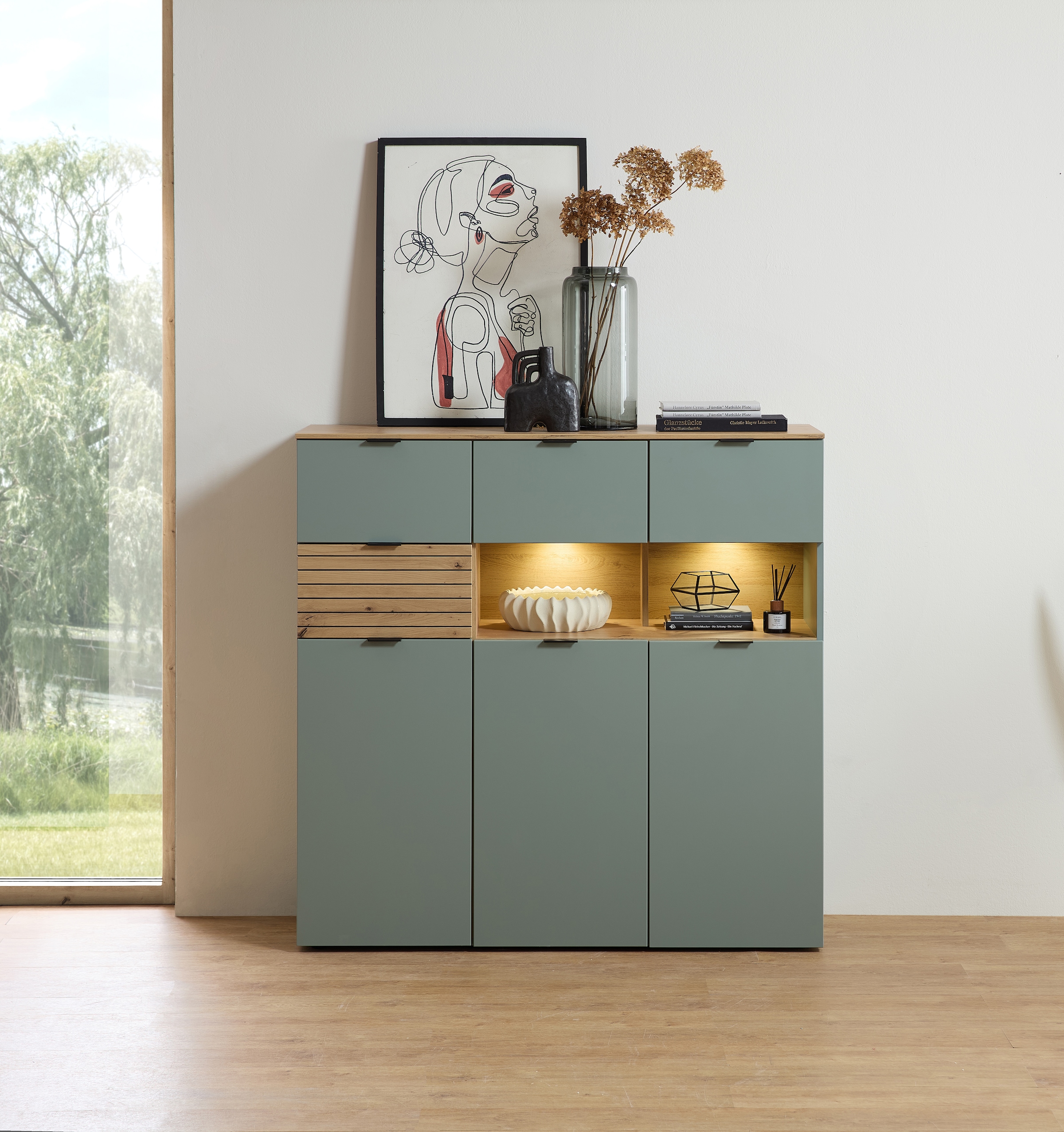 Innostyle Highboard »INA Highboard,  84 x 125 x 45 cm (B/H/T)« 1 Stk. tlg. 3 türig, 4 Schubladen, inkl. Beleuchtung, Softclose