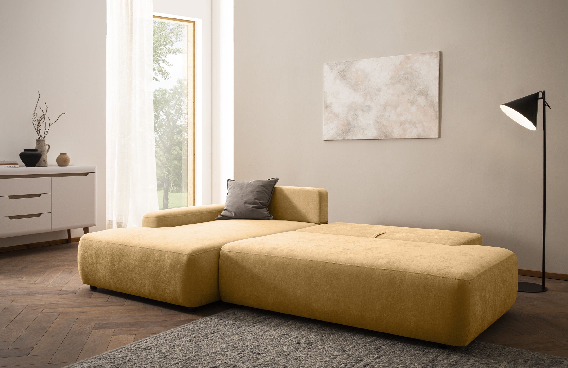 INOSIGN Ecksofa »TORGE, Schlafsofa Cord, Samtvelours u. Strukur fein, Couch in L-Form«, Schlaffunktion und Bettkasten, Liegefläche: 210x125 cm, neues Design