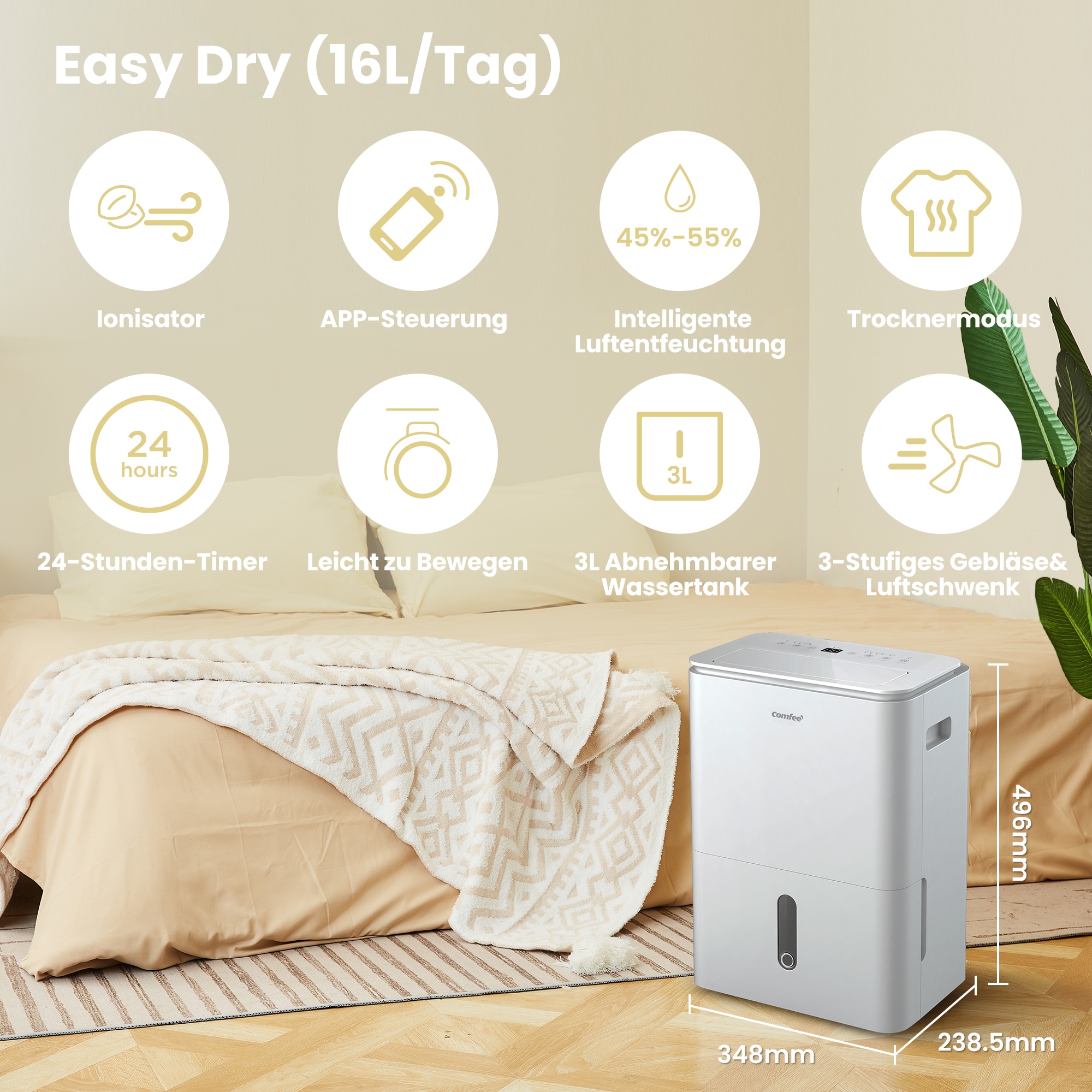 comfee Luftentfeuchter »»Easy Dry 16« geeignet für Räume mit bis zu 32 m²«, Entfeuchtung 16 l/Tag, mit Trocknermodus, App -und Sprachsteuerung