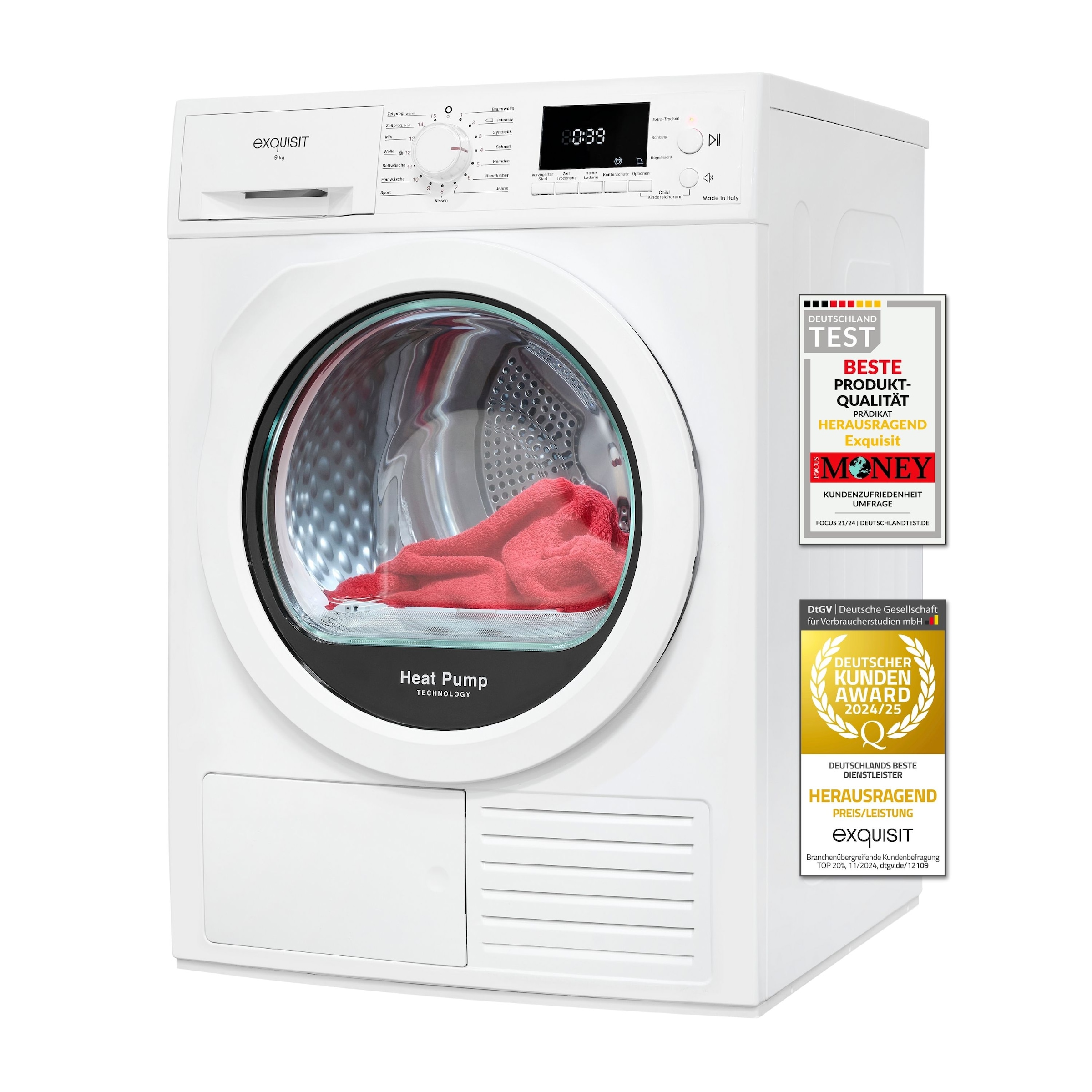 exquisit Wärmepumpentrockner »TWP903-410 weiss«, 9 kg, 15 Programme, Startzeitvorwahl, Knitterschutz, LED-Licht