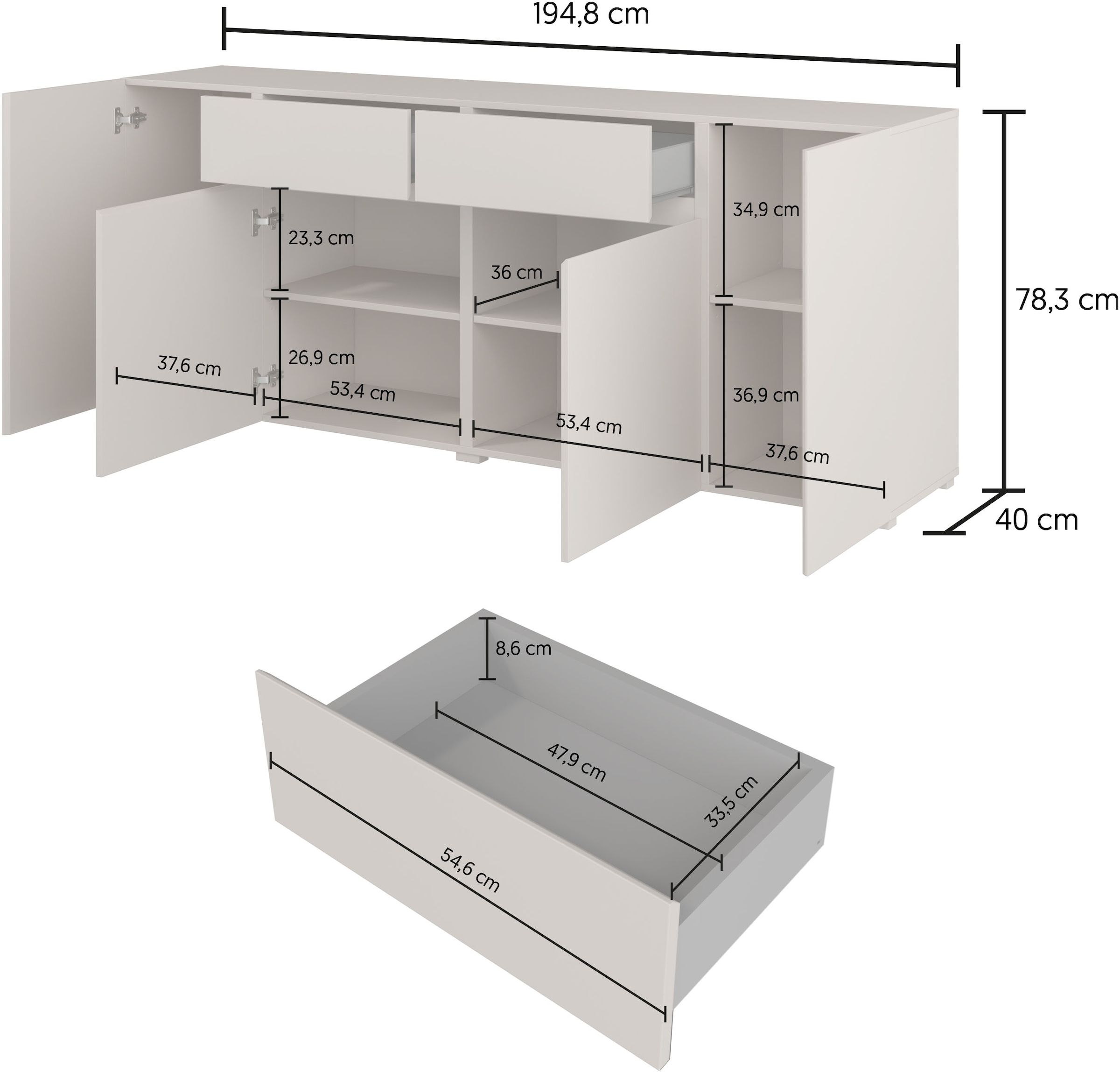 OTTO home Sideboard »Metric,Breite 195 cm, grifflose Kommode 4 Türen/2 Schubkästen« Schubladenschrank mit viel Stauraum, Einlegeböden verstellbar