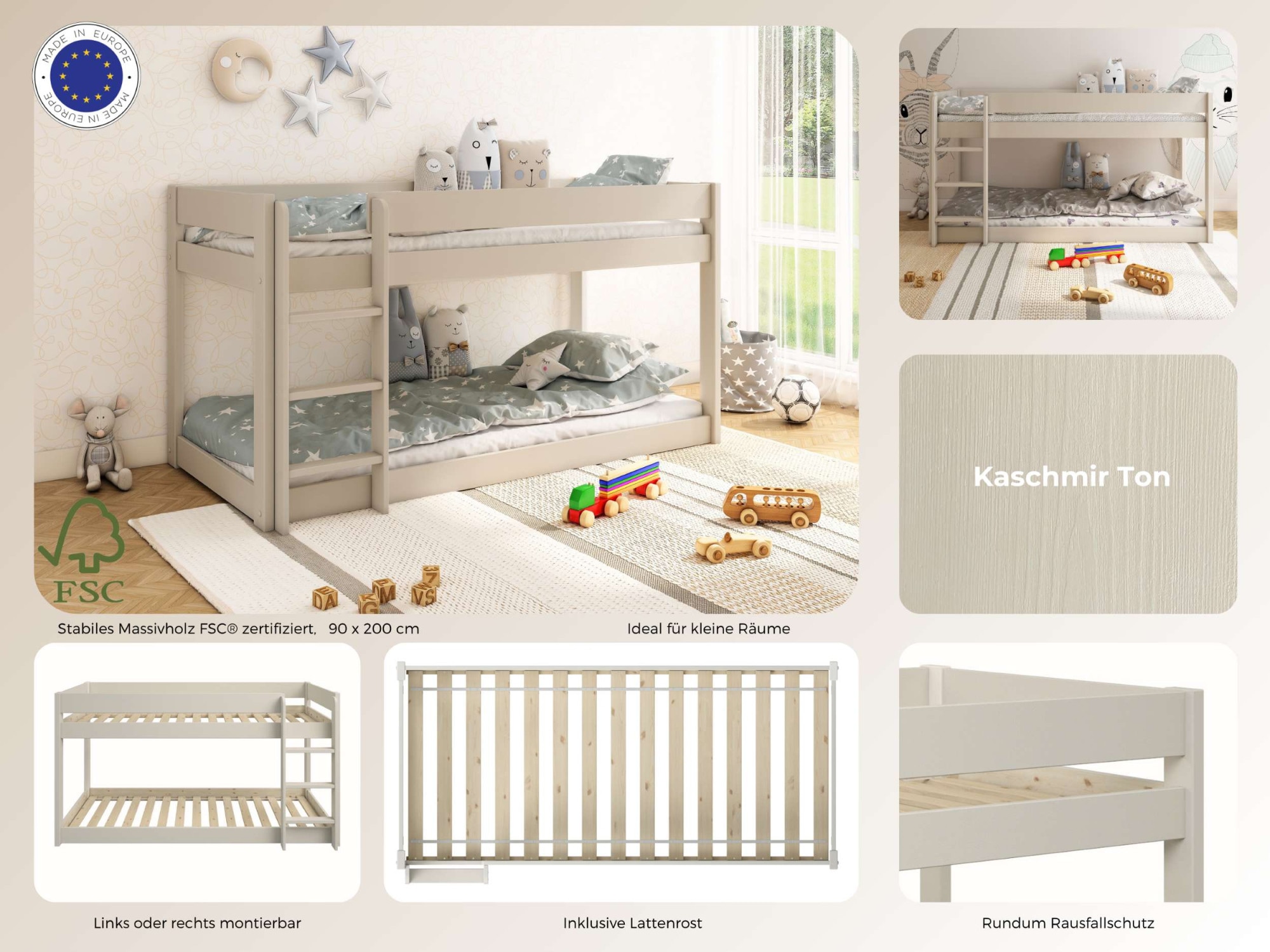 OTTO home Kinderbett »ROBIN ,Bodenbett,Etagenbett,Leiter/Einstieg seitenverkehrt montierbar« 2 Größen,  Montessori Stil, zertifiziertes Massivholz