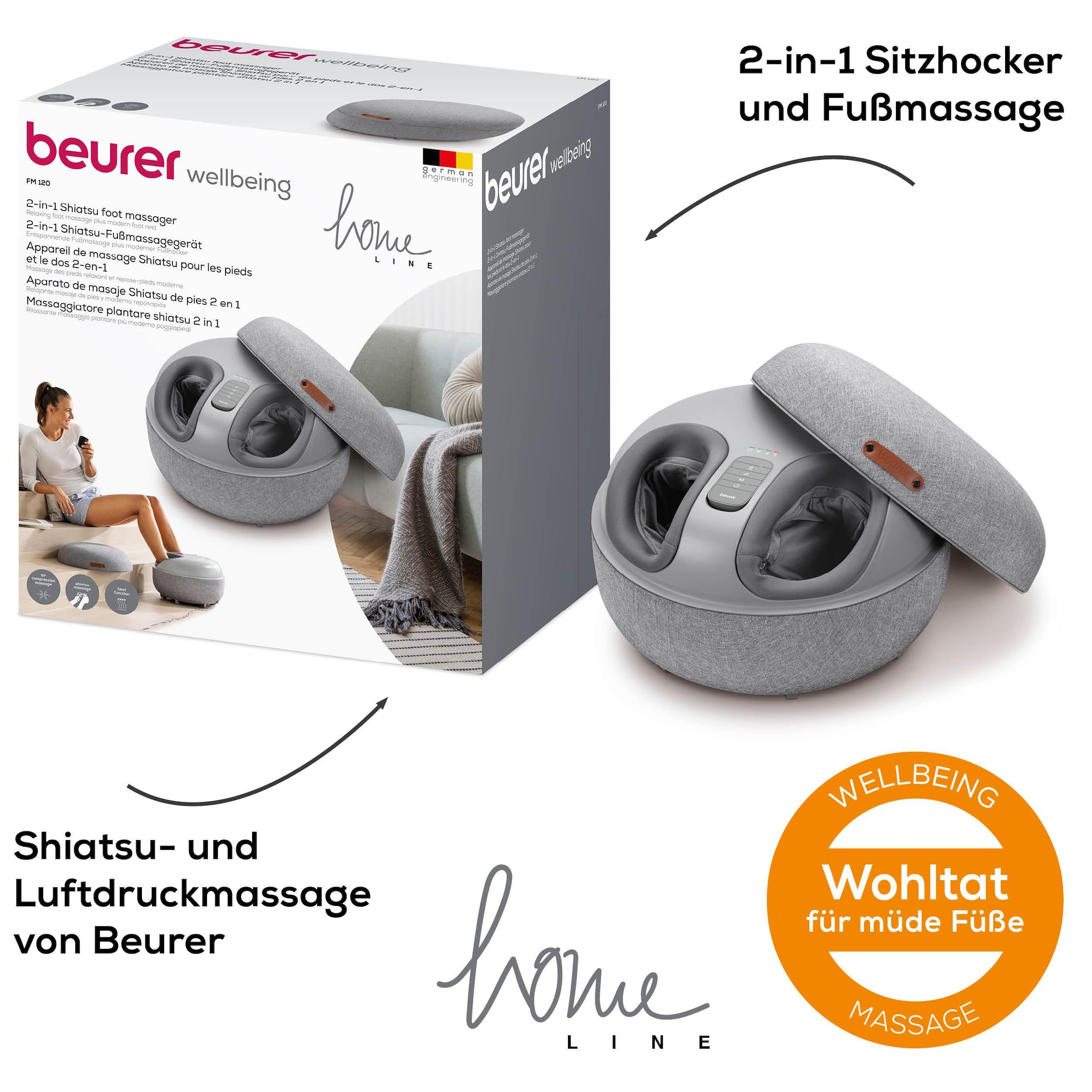 BEURER Shiatsu-Fußmassagegerät »Beurer FM 120 Massagegerät, 2-in-1: Hocker und Massagegerät«, Mit Luftkompressionsmassage und Shiatsu-Massage, inkl. Wärmefunktion