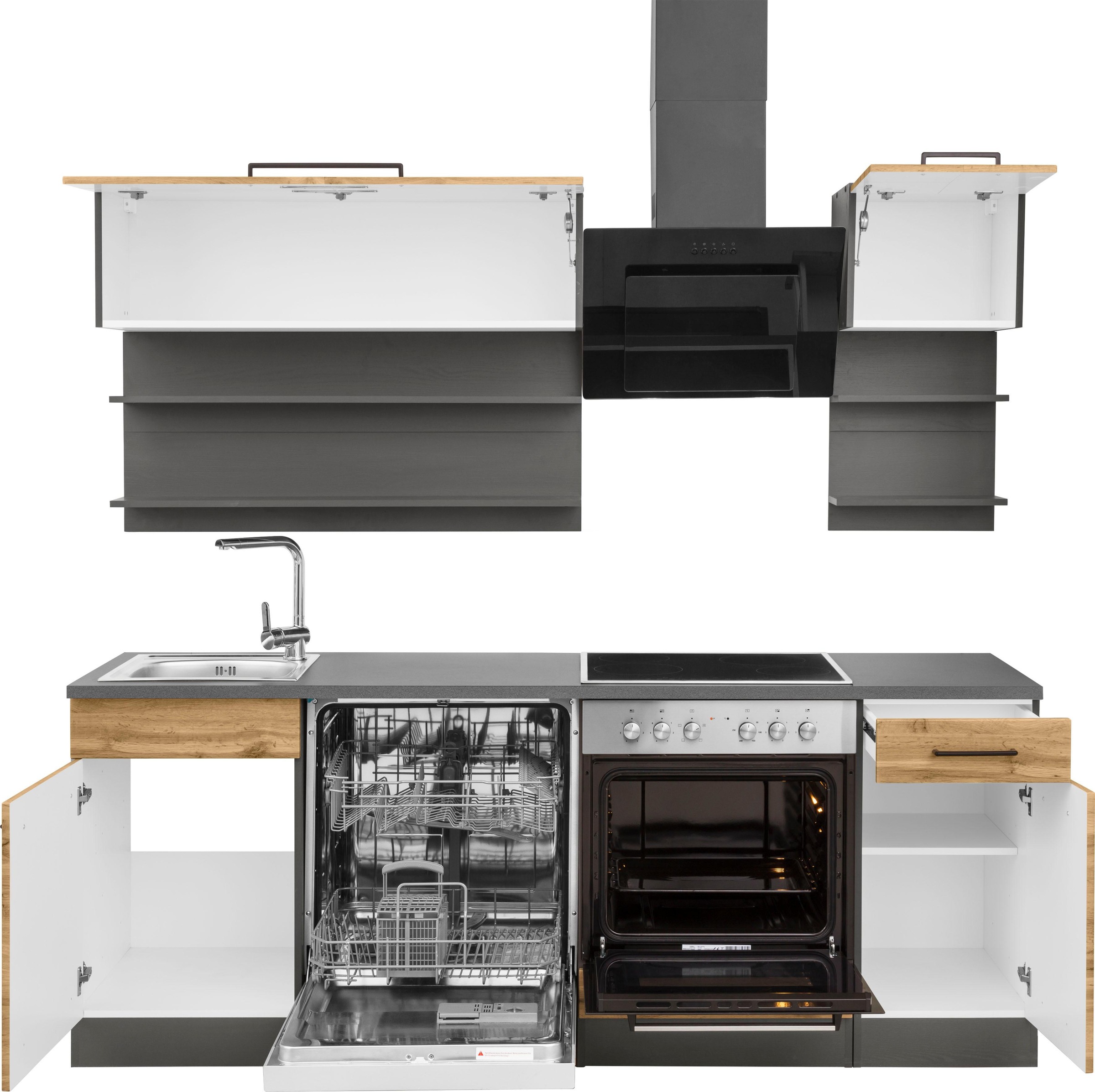 KOCHSTATION Küchenzeile »KS-Tulsa« ohne E-Geräte, Breite 210 cm, schwarze Metallgriffe, MDF Fronten