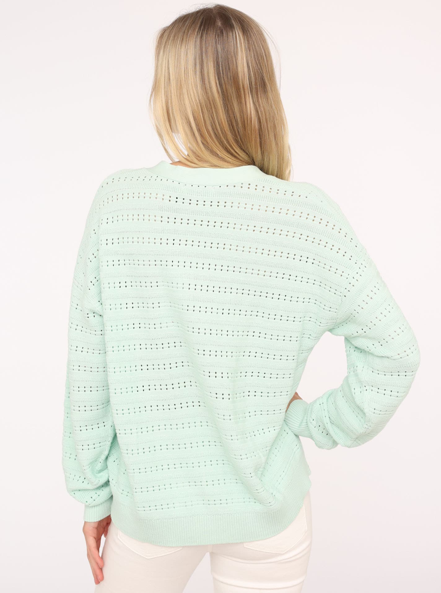 Zwillingsherz Strickjacke, Lochstrick-Muster, Langarm, Knöpfe, V-Ausschnitt, Baumwollanteil