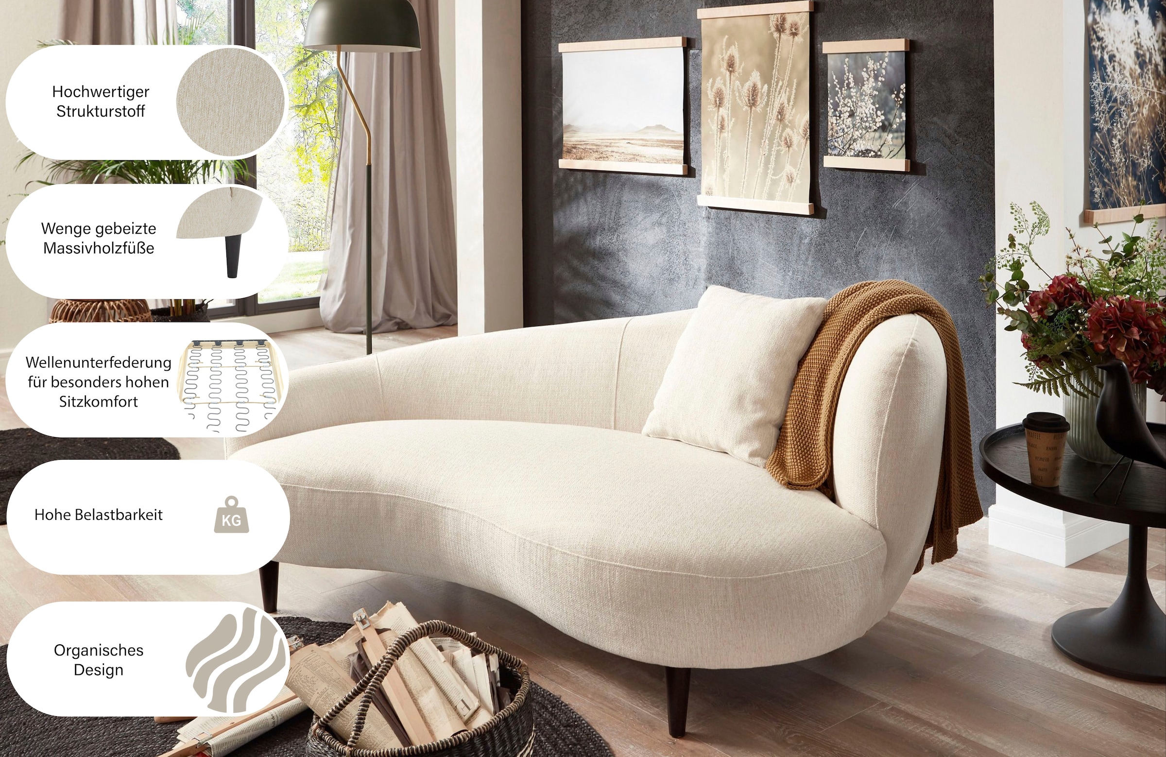 ATLANTIC home collection Chaiselongue »Olivia« Nierenform-Sofa mit Zierkissen im Originalbezug