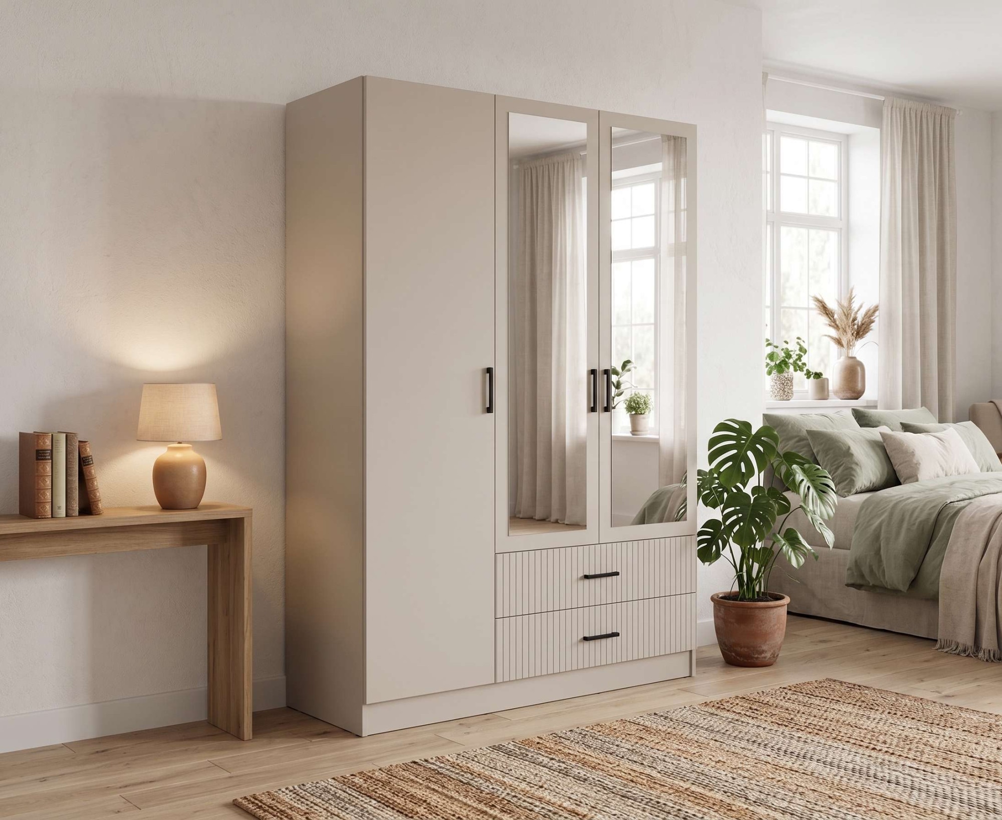 OTTO home Kleiderschrank »TERRIK,  modern mit viel Stauraum & geriffelter Struktur, Spiegel« B/H/T ca.  150/200/60 cm,  Garderobe mit 6 Fächern, Kleiderstange, 2 Schubladen, Made in EU