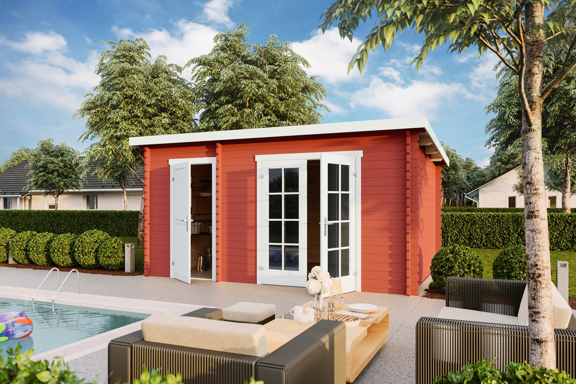 LASITA MAJA Gartenhaus »Belmont 2«, Blockbohlenhaus 34mm 2-Raum, Fundamentmass 4250x2800, Schwedenrot