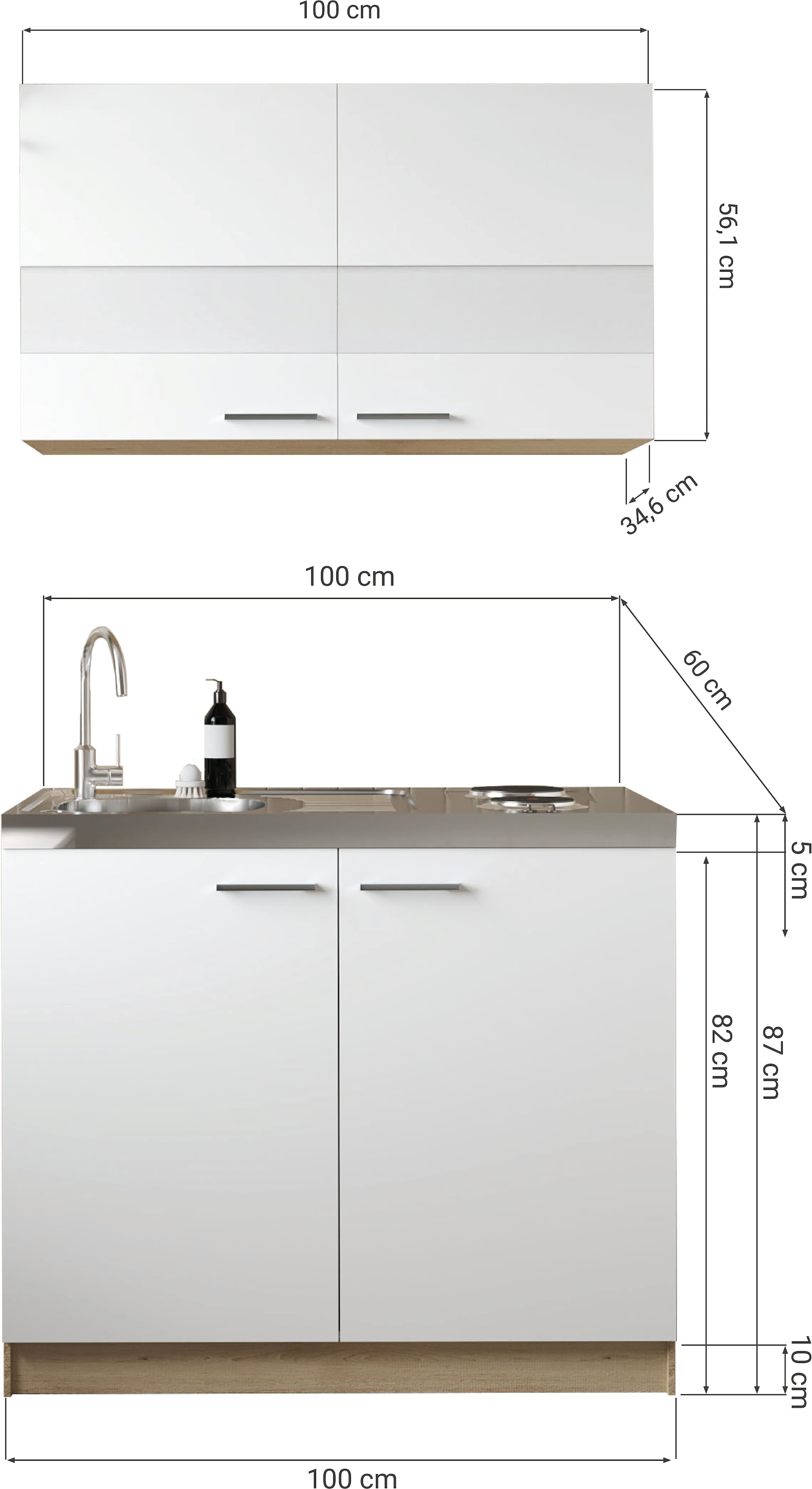 RESPEKTA Pantryküche »Merle« Breite 100 cm, Soft-Close, Spülenabdeckung mit Edelstahlkochmulde