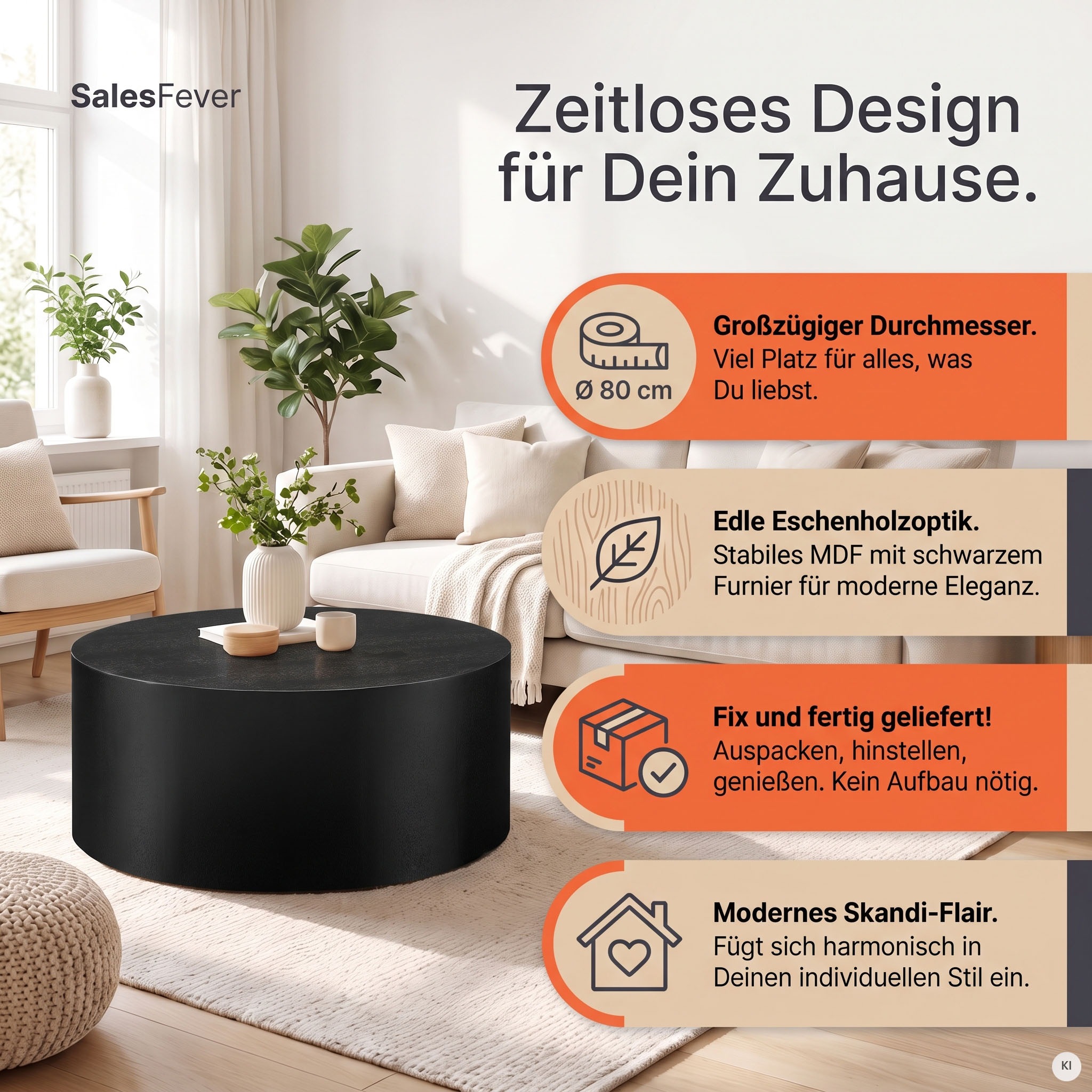 SalesFever Couchtisch »Design-Couchtisch für stilvolles Wohnen, Ø 80 cm« 1 Stk. tlg. Stilvoller & moderner Holztisch mit Echtholzfurnier
