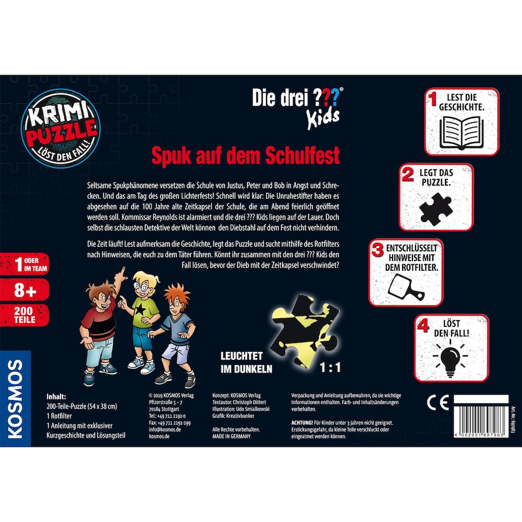 Kosmos Puzzle »Krimipuzzle Die drei ??? Kids 200 Teile / Spuk auf dem Schulfest«, leuchtet im Dunkeln, Made in Germany