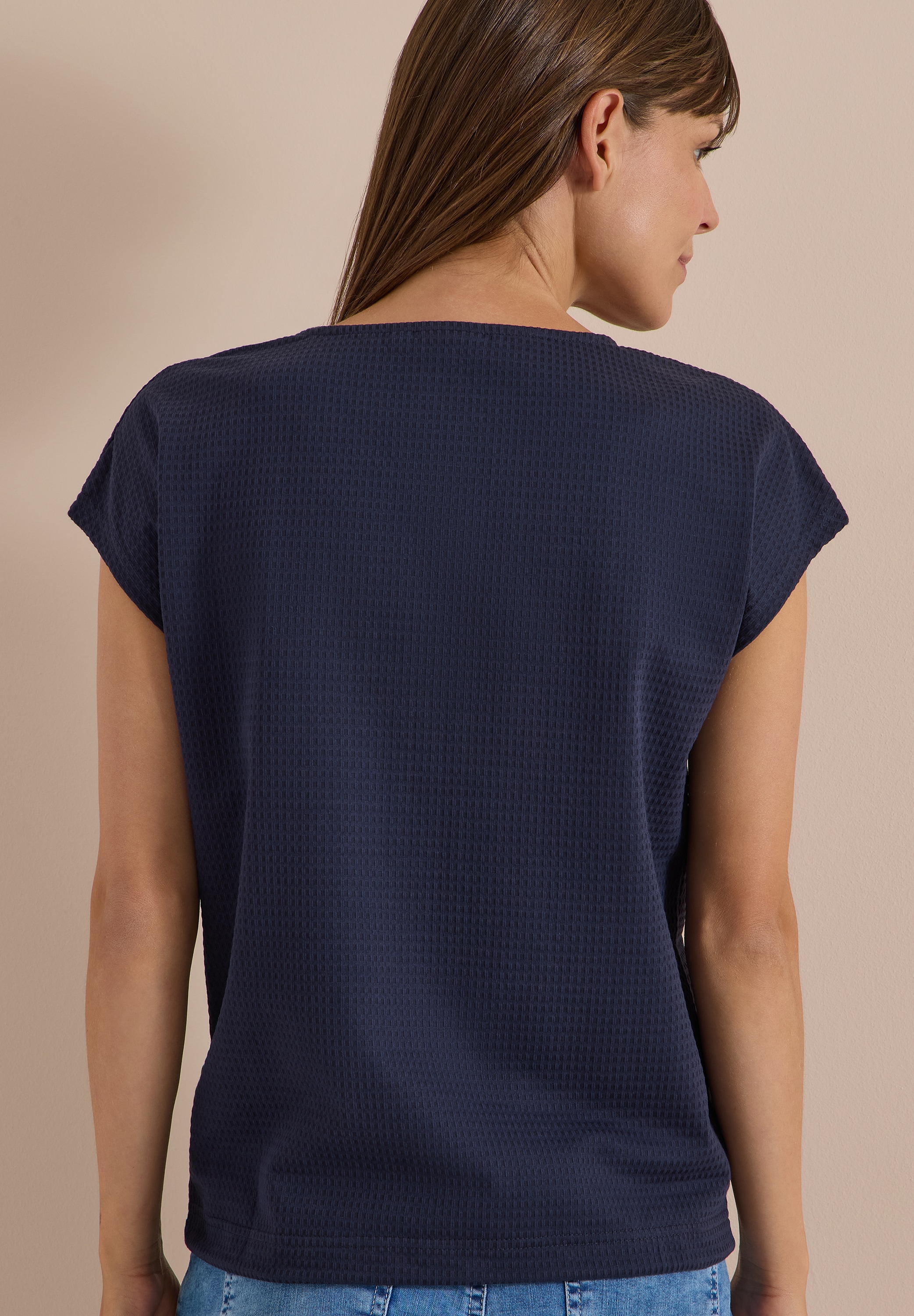 Cecil T-Shirt Sommershirt mit Waffel-Struktur, Baumwollmix, Kordelzug am Saum