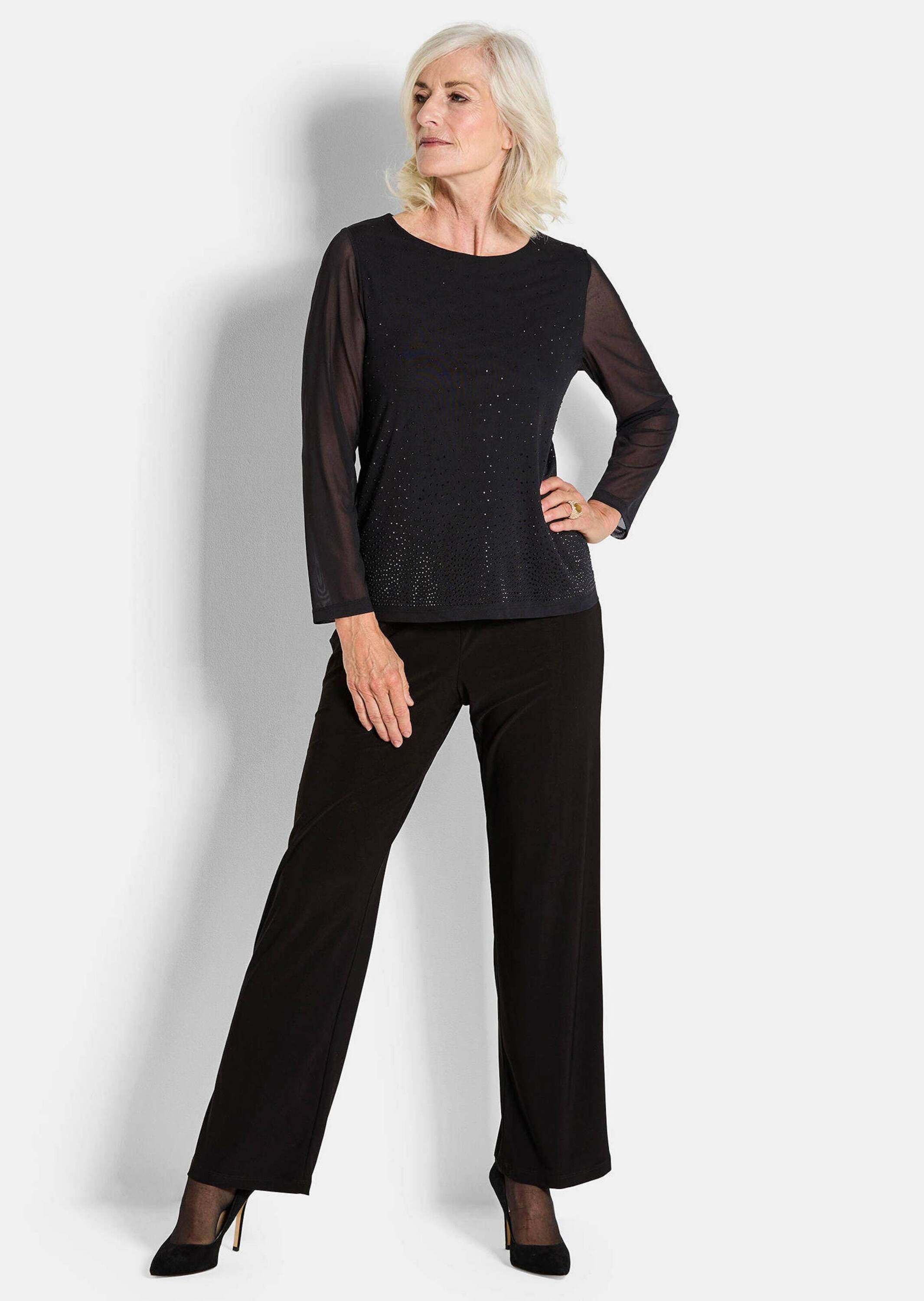 GOLDNER Langarmshirt »Kurzgröße Shirt aus Mesh mit Glitzersteinen« Glitzersteine
