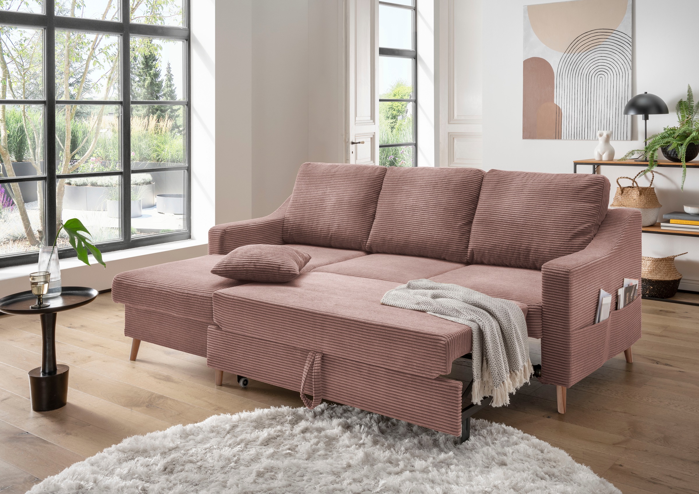 INOSIGN Ecksofa »Valentina L-Form«, 2 Zierkissen, mit Seitentasche, ausziehbarer Liegefläche, Bettkasten