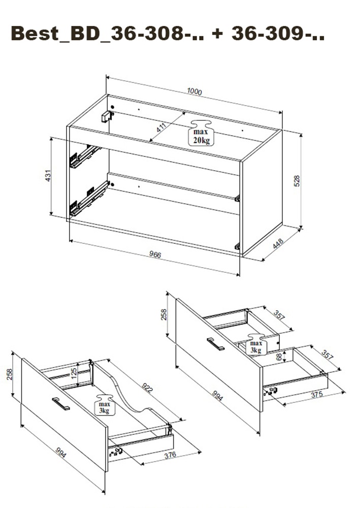 BASIC by Balculina Badmöbel-Set »Best«, (3 St.), Breite 185 cm,Badezimmerset 3-tlg, Softclose