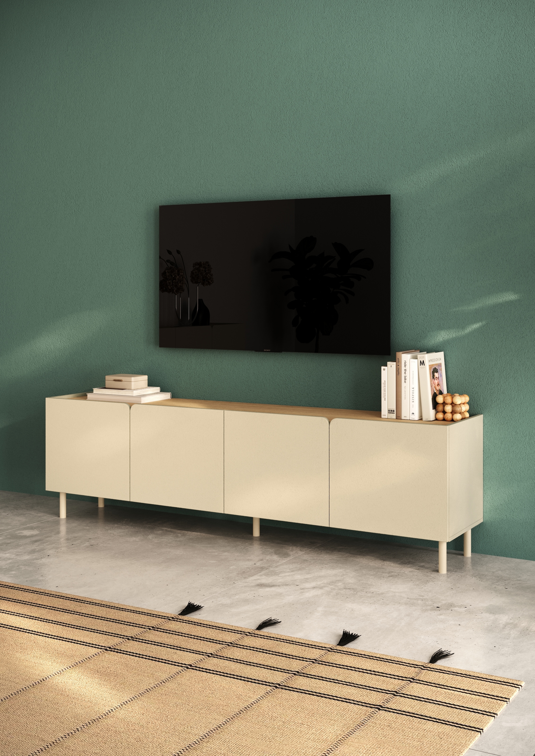 OTTO home Lowboard »Dobbiaco, 202 cm breit, 4 Türen, Mediaboard, TV-Schrank« Innenliegendes Top, gerade Metallfüße, Tür mit Rundung