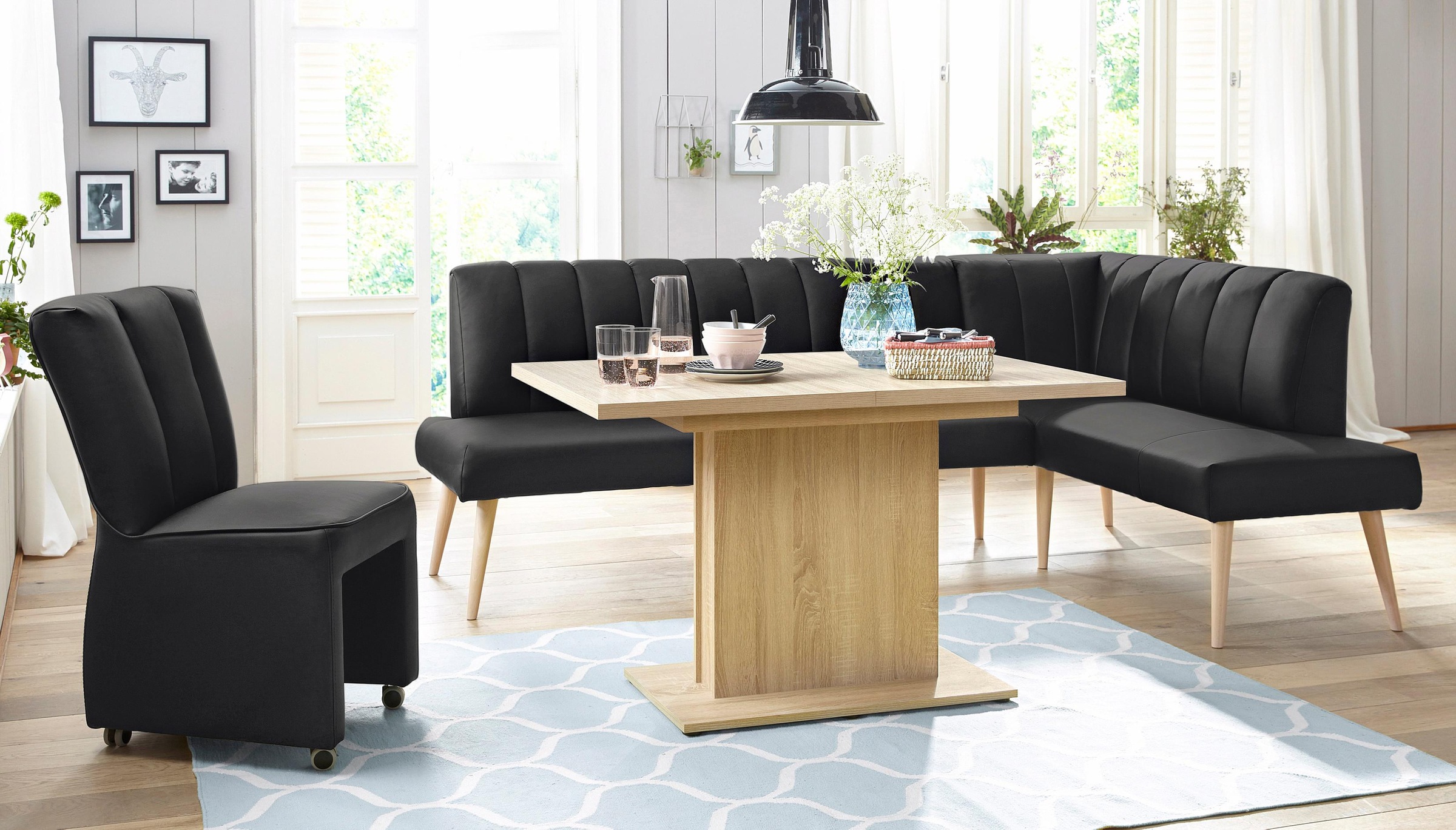exxpo - sofa fashion Eckbank »Costa, moderne Rückensteppung, bequem und elegant, hoher Holzfuß«, hochwertig verarbeitet, Frei im Raum stellbar