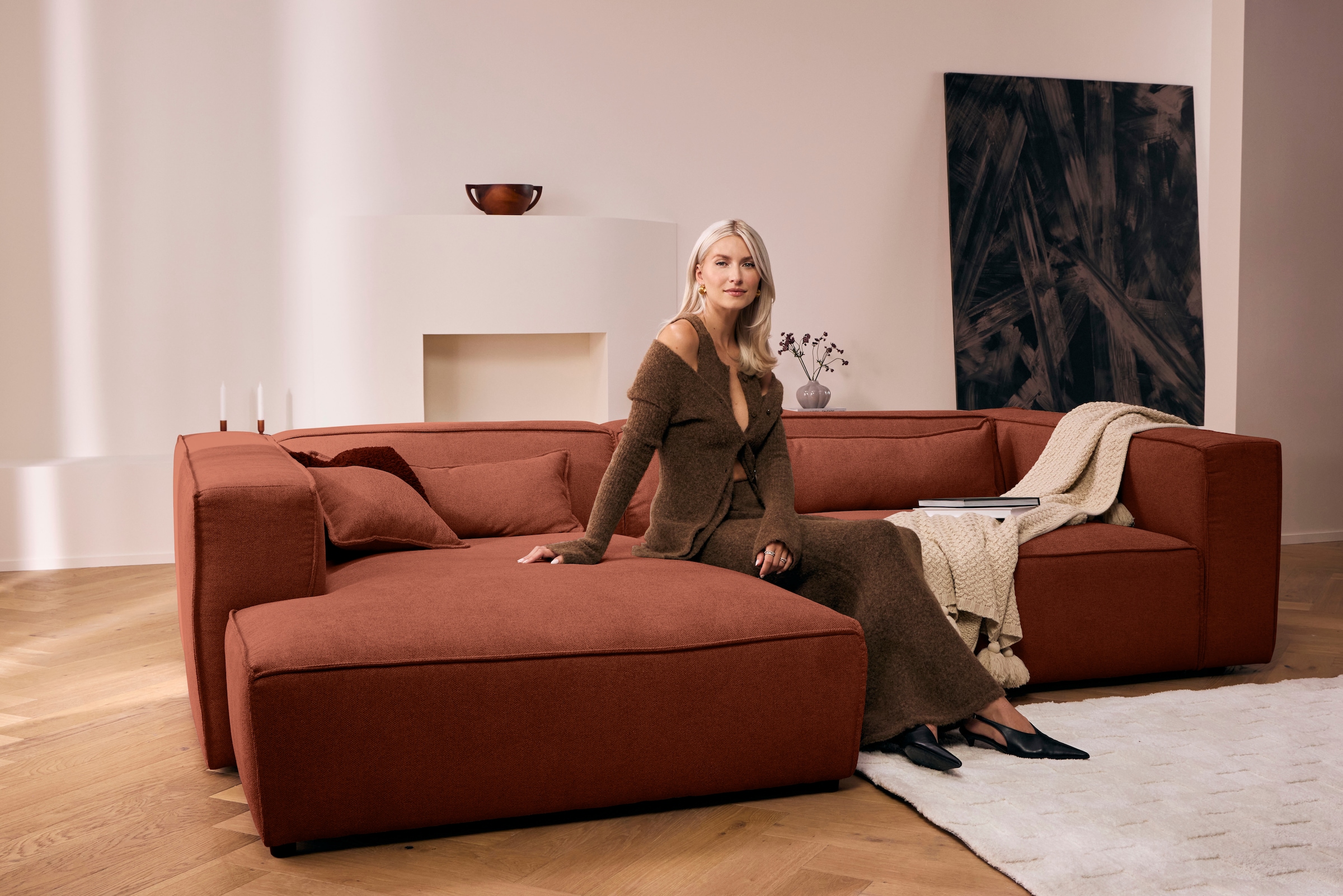 LeGer Home by Lena Gercke Ecksofa »PIARA Struktur mit Kedernaht L-Form« wahlweise Ottomane rechts/links, schwarze Füße, bequemer Sitzkomfort