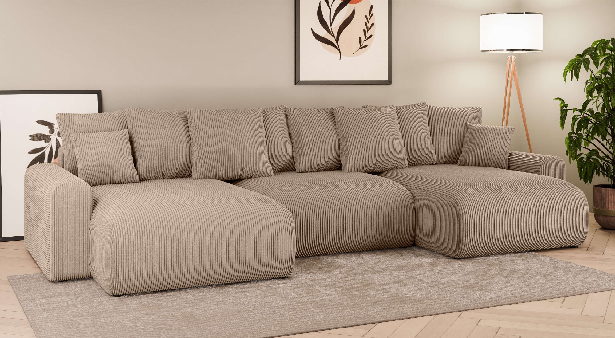 Home affaire Wohnlandschaft »LAKESIDE mit Bettfunktion und Bettkasten, Maße B/T/H: 332,5/142/84 cm«, U‑Form mit vielen Kissen und Wellenunterfederung