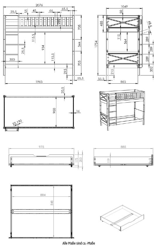 Vipack Etagenbett »Scott, Kiefer massiv, stabil gebaut, Made in Europe, Landhaus-Optik«, (B/H/T ca. 208x175x105cm, inkl. Rolllattenroste, Leiter, Absturzschutz), wahlweise mit 2 kleinen oder 1 großen Bettschublade auf Rollen
