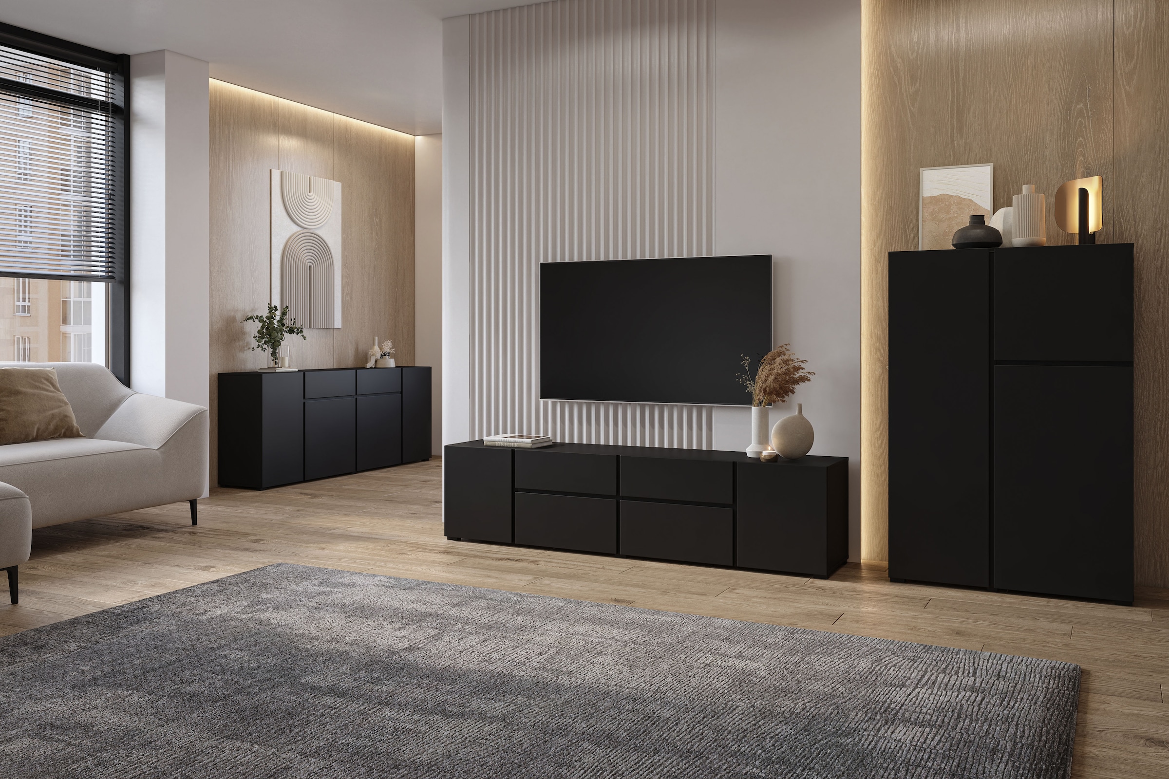 INOSIGN Kombikommode »Metric,Breite 195 cm, grifflose Kommode 4 Türen/2 Schubkästen«, Schubladenschrank mit viel Stauraum, Einlegeböden verstellbar