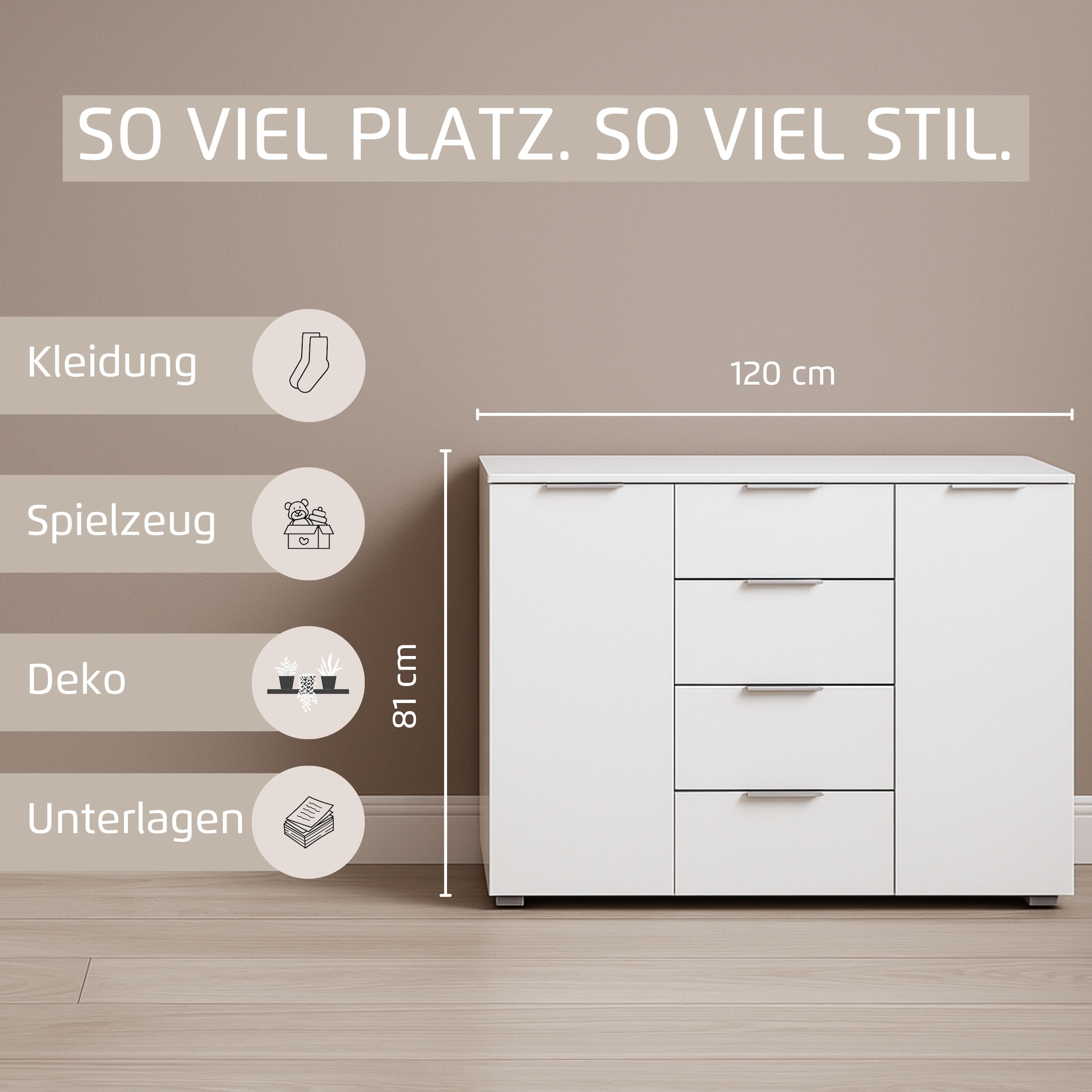 rauch Kombikommode »Sideboard Schubladenkommode AGORDO mit Dekor- oder Hochglanzfront«, (in zwei Griff-Farben, Breite 120 cm), vier große Schubladen, mit insgesamt 4 Einlegeböden MADE IN GERMANY