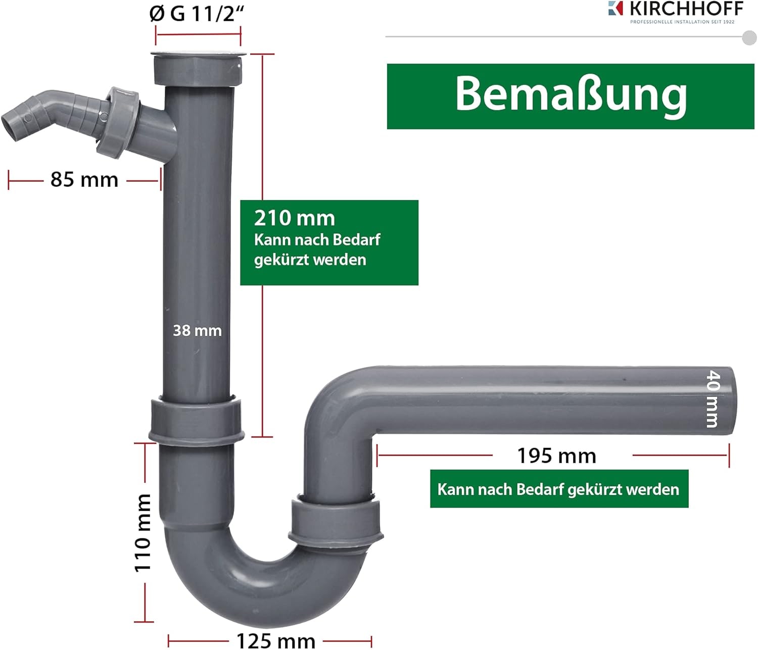 Kirchhoff Siphon »ECO-SAVE«, (Set), KS Spültisch-Röhrensiphon, 1 1/2"IG x 40 mm, mit 3/4" Geräteanschluss