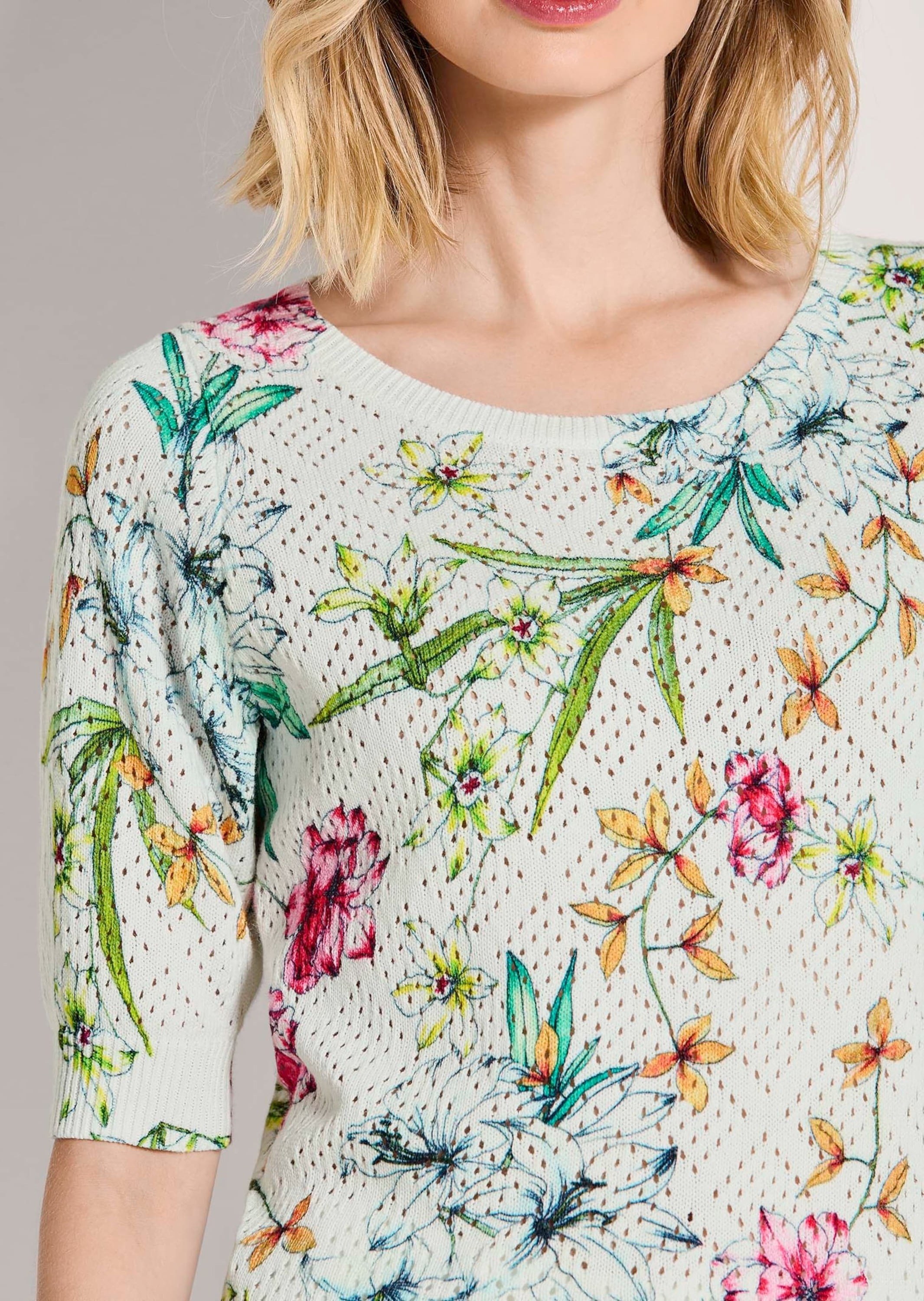 MADELEINE Longpullover »Strickpullover Ajourpullover mit floralem Muster« Luftiges Ajour-Muster