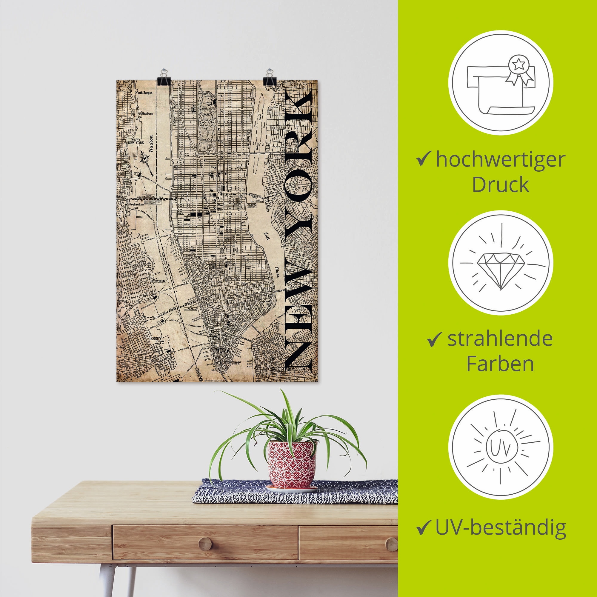 Artland Wandbild »New York Karte Straßen Karte Grunge«, Amerika, (1 St.), als Leinwandbild, Poster in verschied. Größen