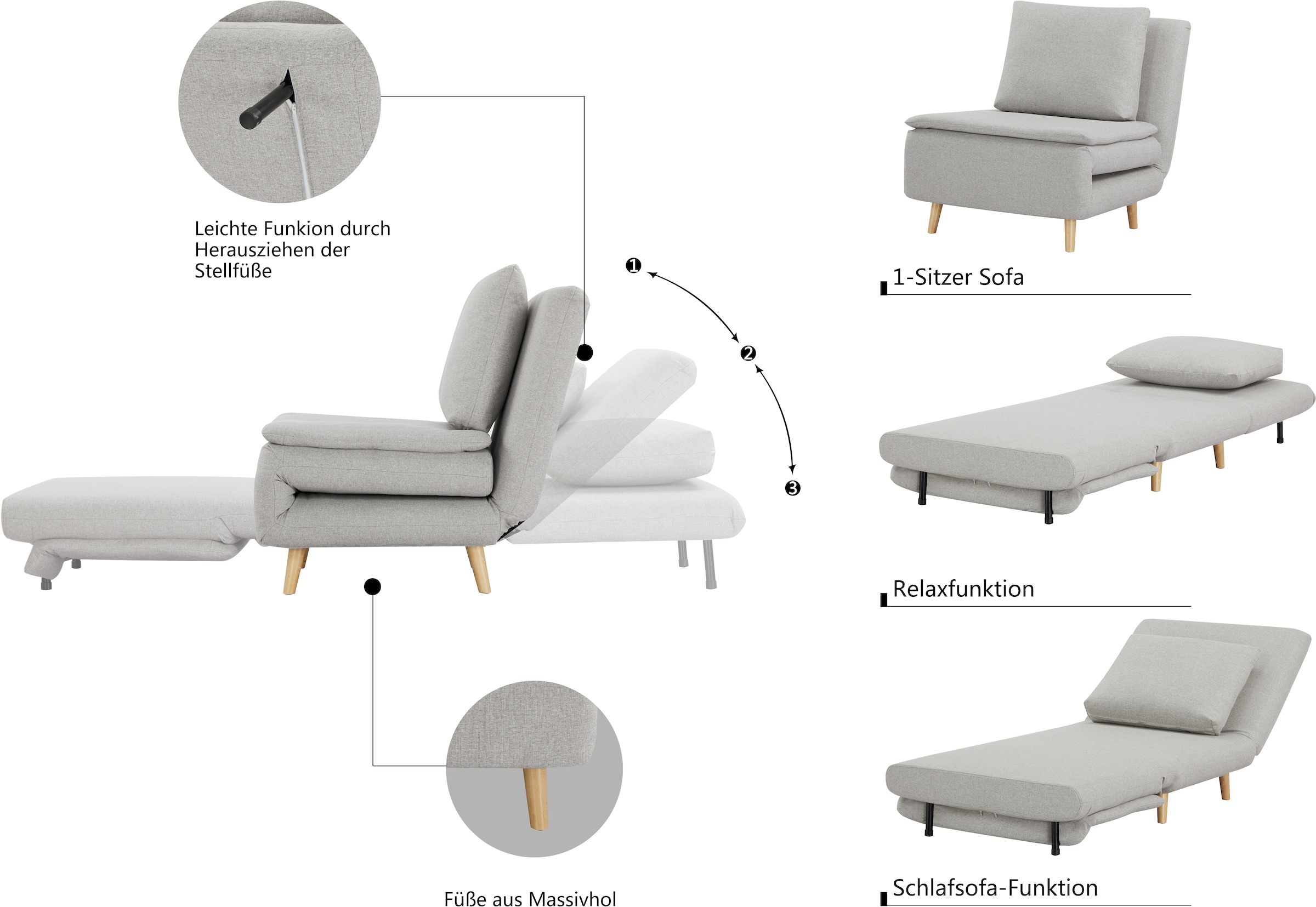 INOSIGN Sessel »AINSLEY«, wandelbar zum Gästebett, Schlafsofa, Webstoff u. Cord-Bezug