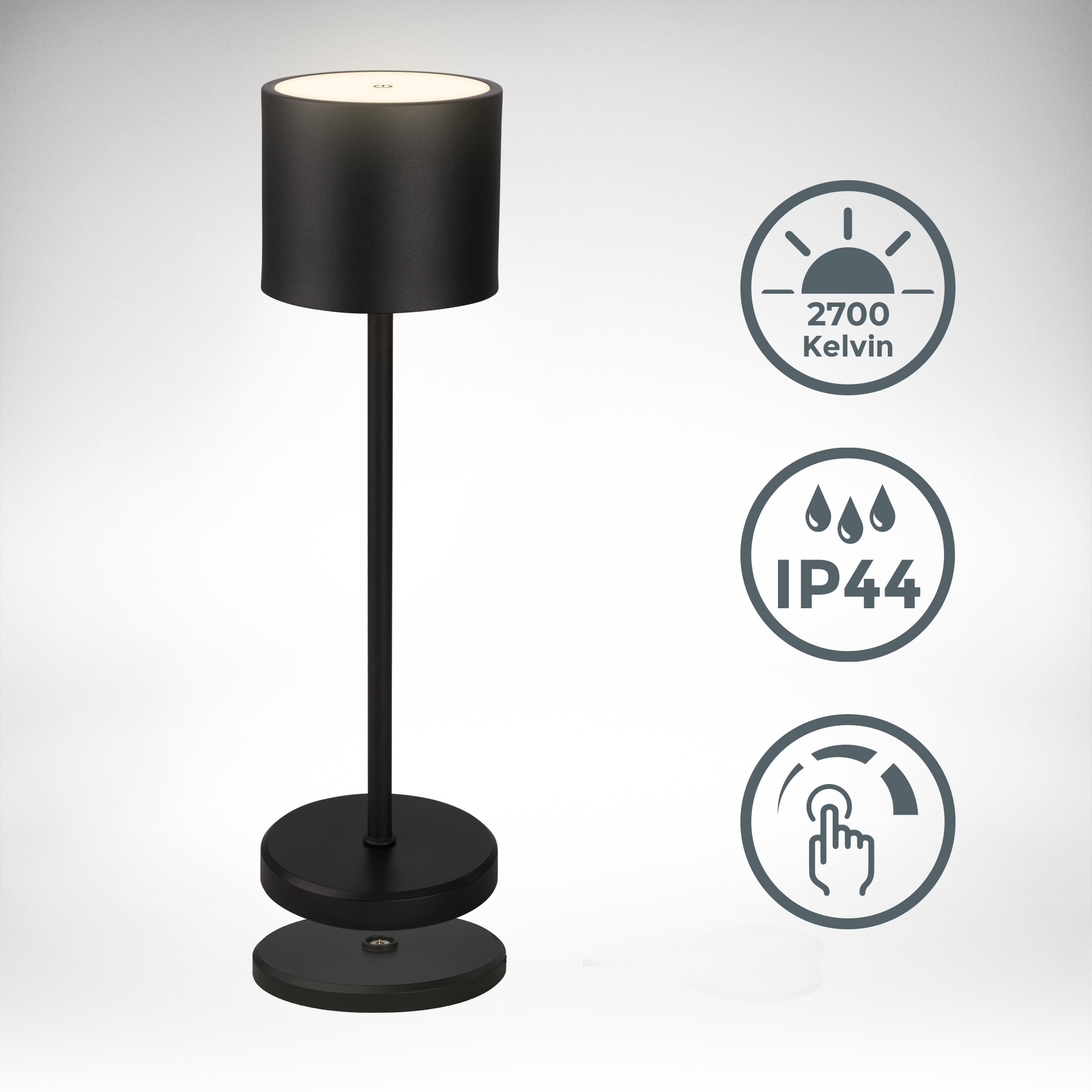 B.K.Licht Außen-Tischleuchte »BK_TL1608 Akku Tischlampe mit Ladestation, 3-Stufen Touchdimmer, IP44« LED-Modul 1 Stk. Extra-Warmweiß 3.000 K, 230 Lm, 2,5W, Akku wechselbar, max. 12h Leuchtdauer, Weiß