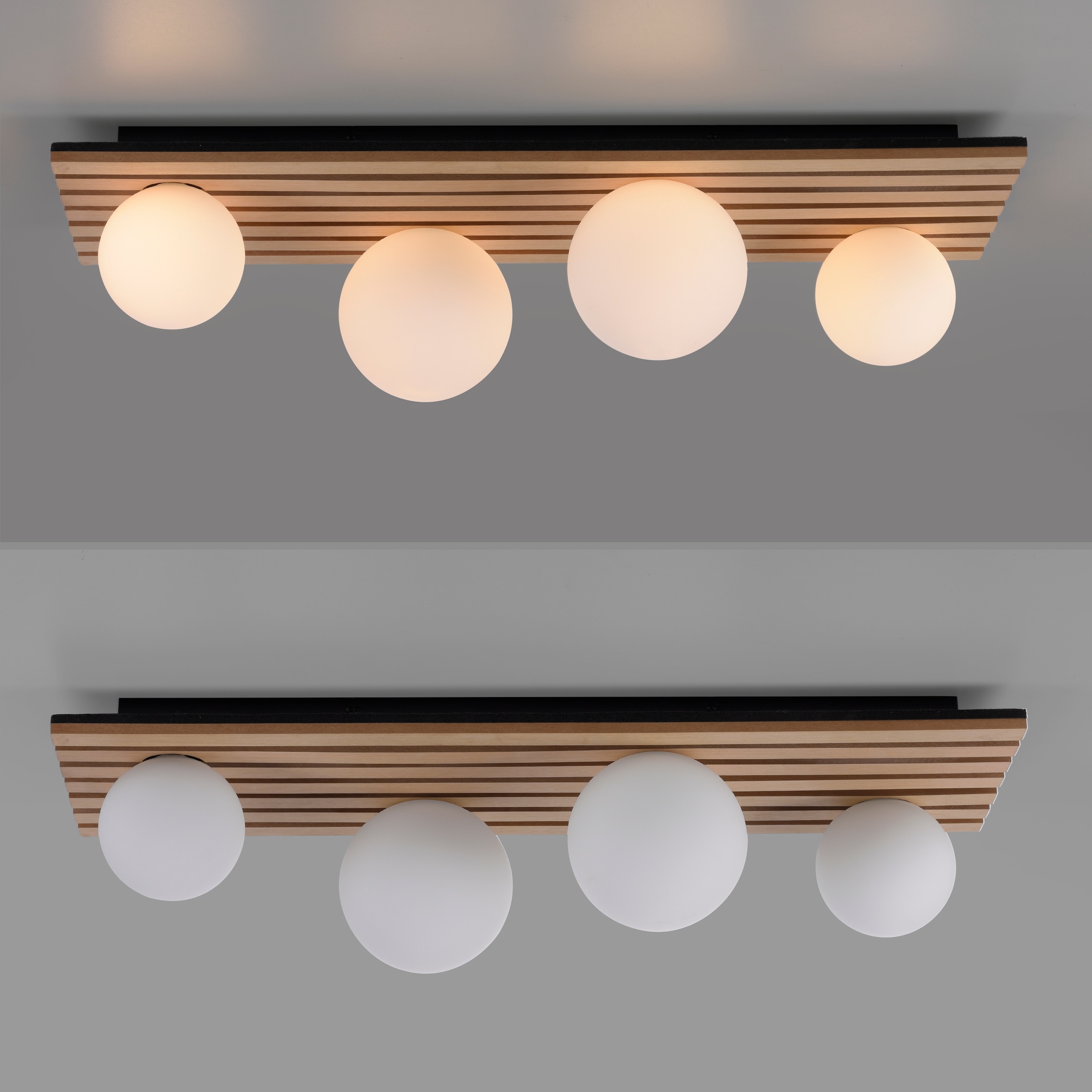 Leonique Deckenleuchte »Erinette Akustikpaneele mit Glaskugeln«, 4 flammig, Leuchtmittel G9 | Leuchtmittel wechselbar-ohne Leuchtmittel, Holz, Akustik, Paneele, Glas, opal matt weiß, Deckenlampe