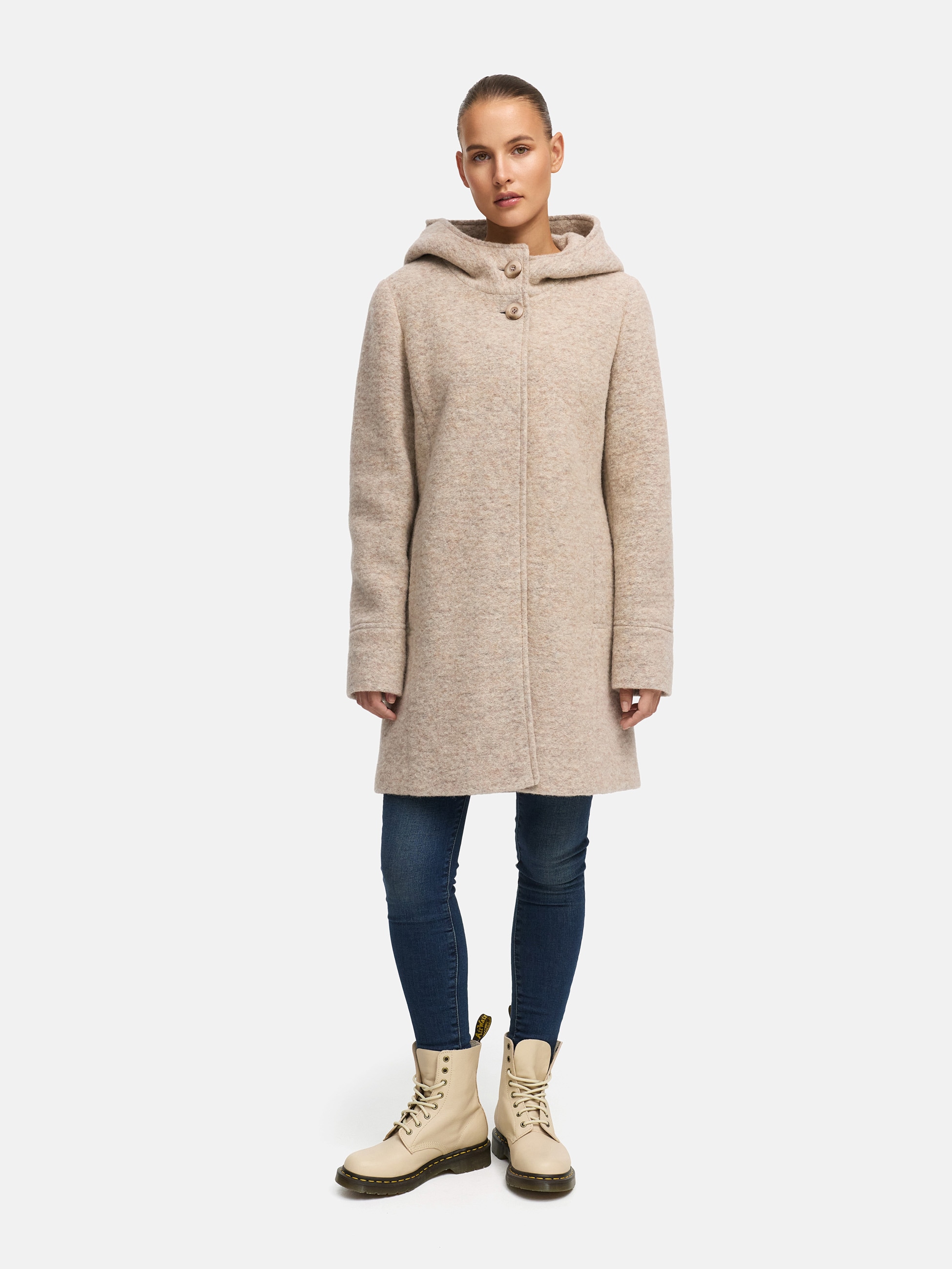 MANISA Wolljacke, mit Kapuze, Wollparka mit Kapuze und verdeckten Knöpfen