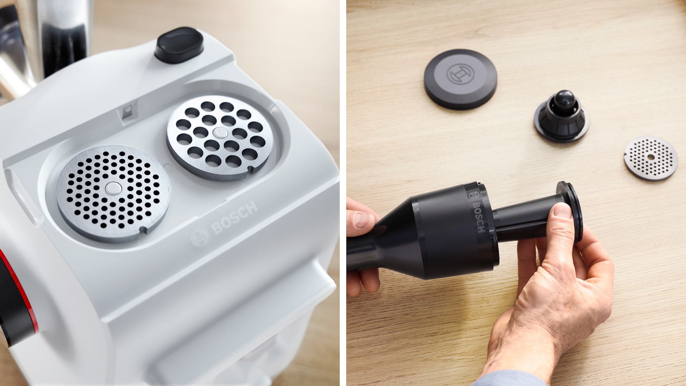 BOSCH Fleischwolf »Serie 4 MFWS420W, 1900 W Blockierlei., 2 Flügel-Messer, 2 Stufen, weiß«, 500 W, Metallkupplung, Wurststopfer, 10 J Motorgarantie, Rücklauffunktion
