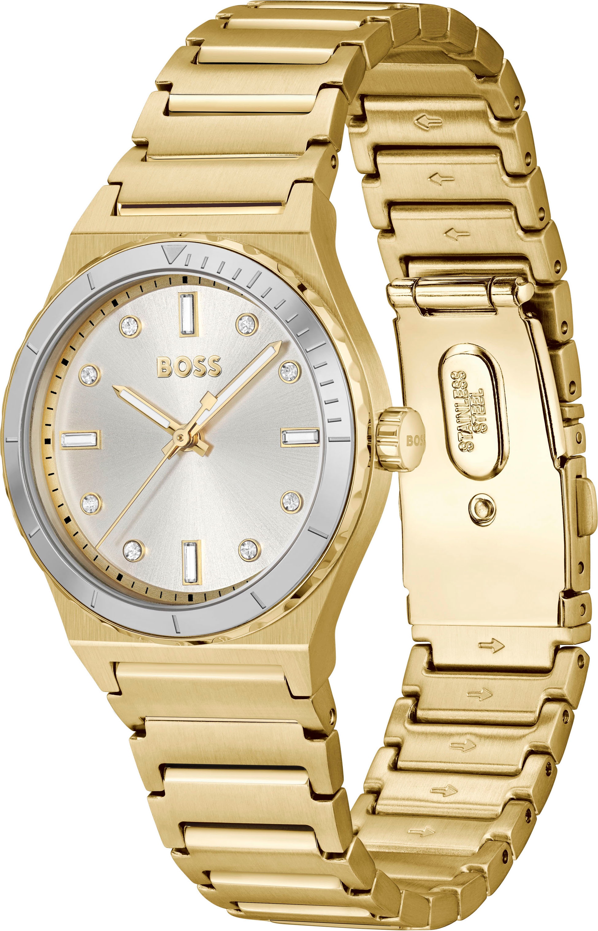 BOSS Quarzuhr »CANDOR LADIES SPORT« Armbanduhr, Damenuhr, Edelstahlarmband, analog, Glassteine