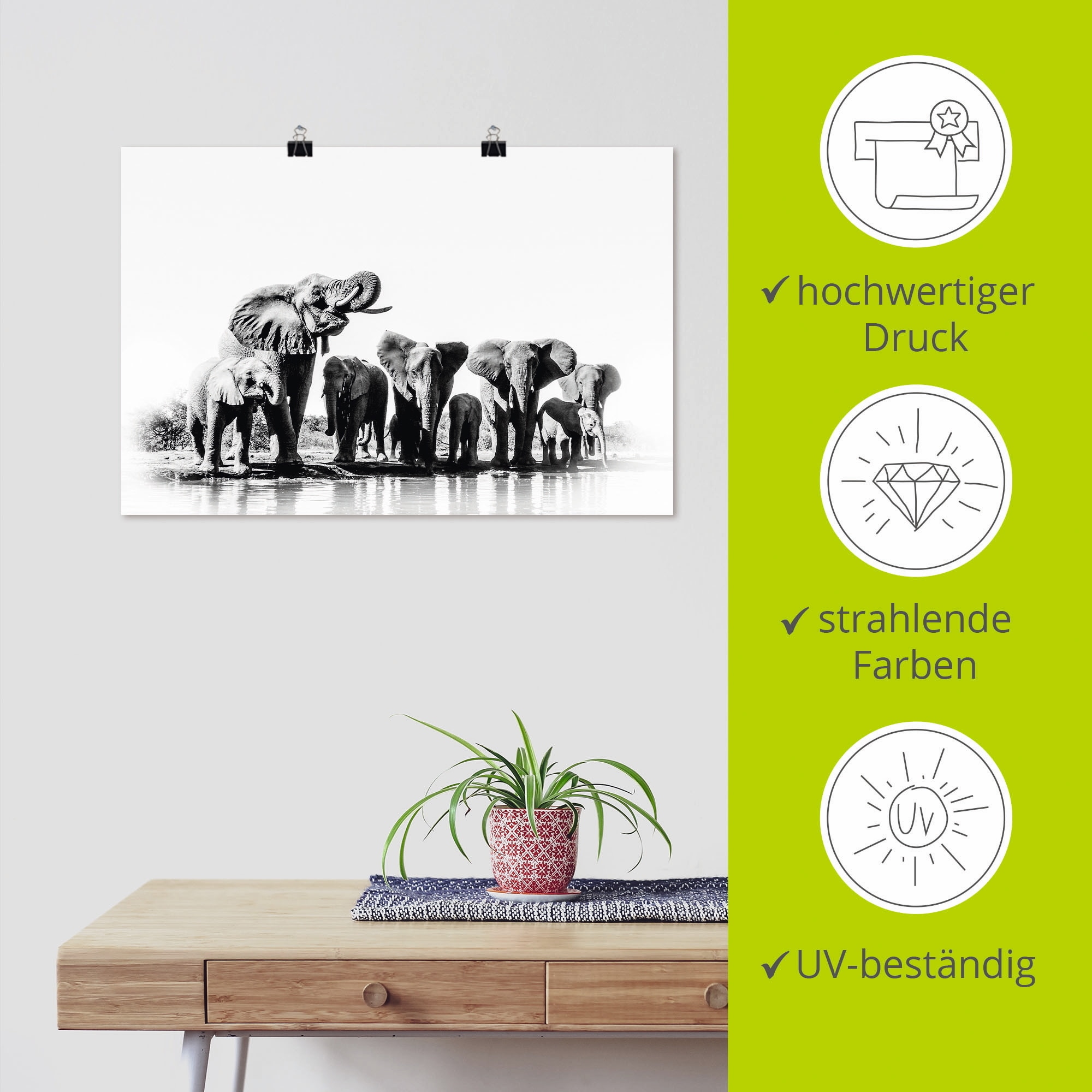 Artland Poster »Elefanten am Wasserloch«, Elefanten Bilder, (1 St.)