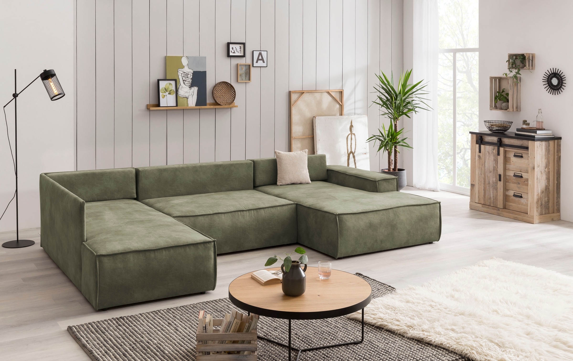 Home affaire Wohnlandschaft »SHERWOOD 329 cm, U-Form, Schlafsofa,«, Schlaffunktion m. Bettkasten (194x139 cm), Cord, Vintage, Samtvelours