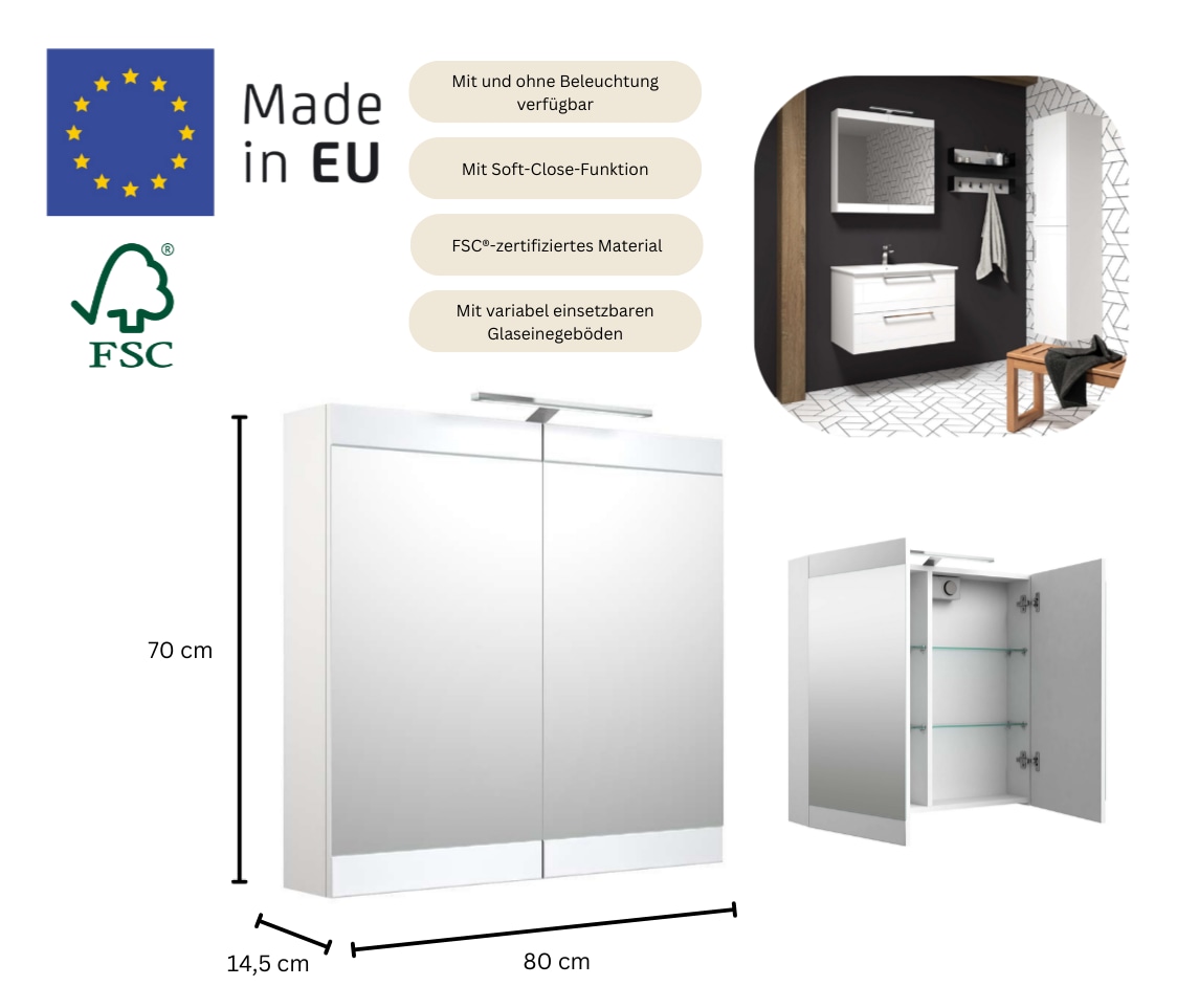 welltime Badezimmerspiegelschrank »Serena Retro«, FSC®-zertifiziertes Material, Breite 81,5 cm, mit LED-Beleuchtung